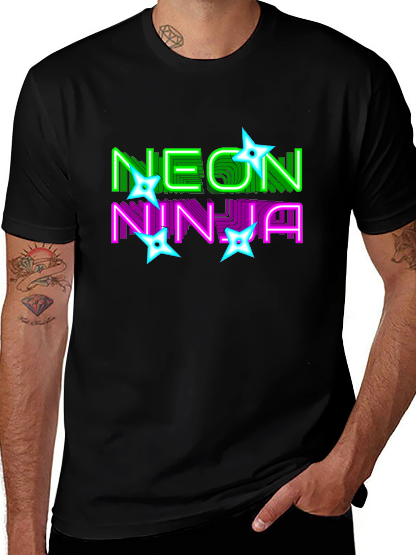 Neon Ninja Graphic Print Black T-Shirt