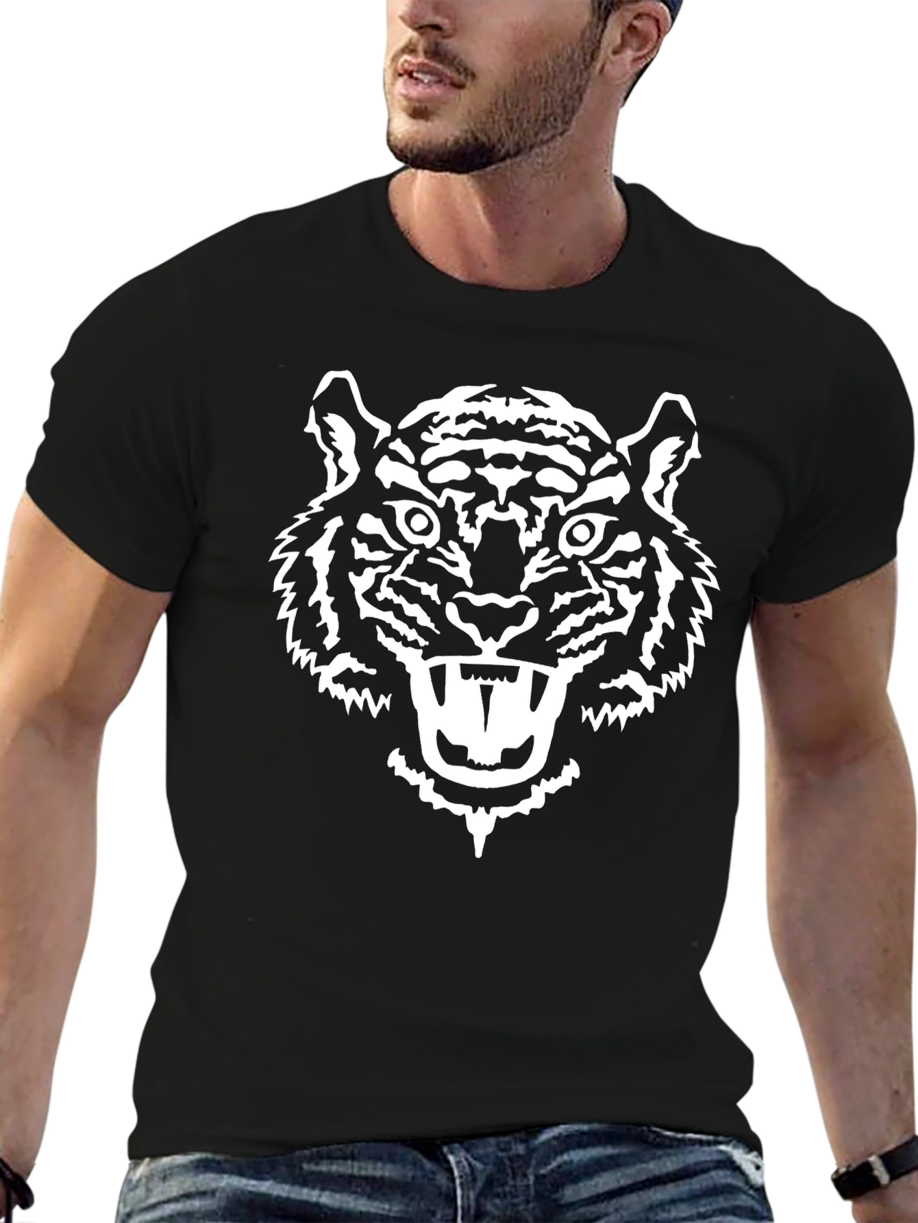 Bold Tiger Graphic Tee - Black Cotton T-Shirt