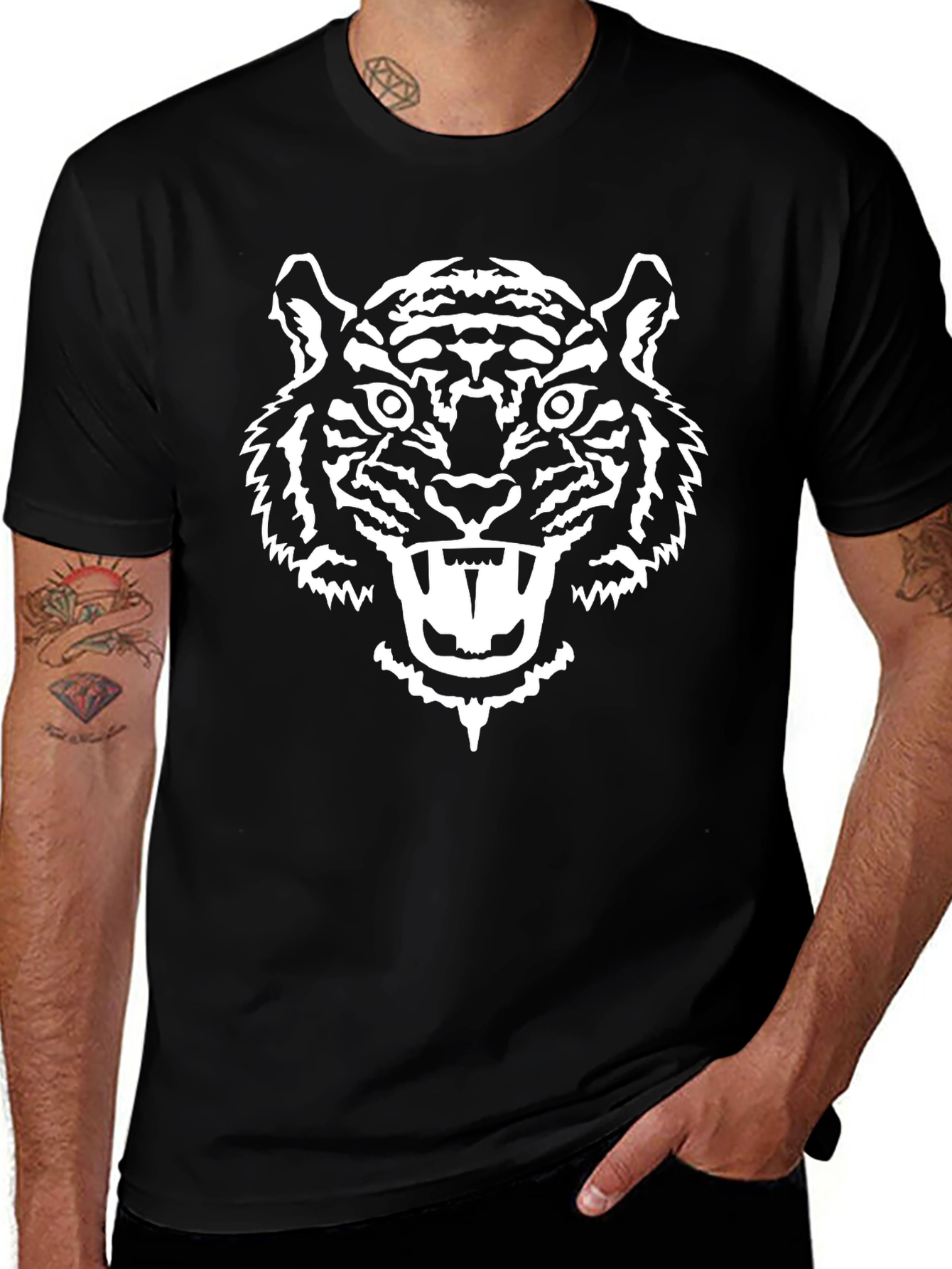 Bold Tiger Graphic Tee - Black Cotton T-Shirt