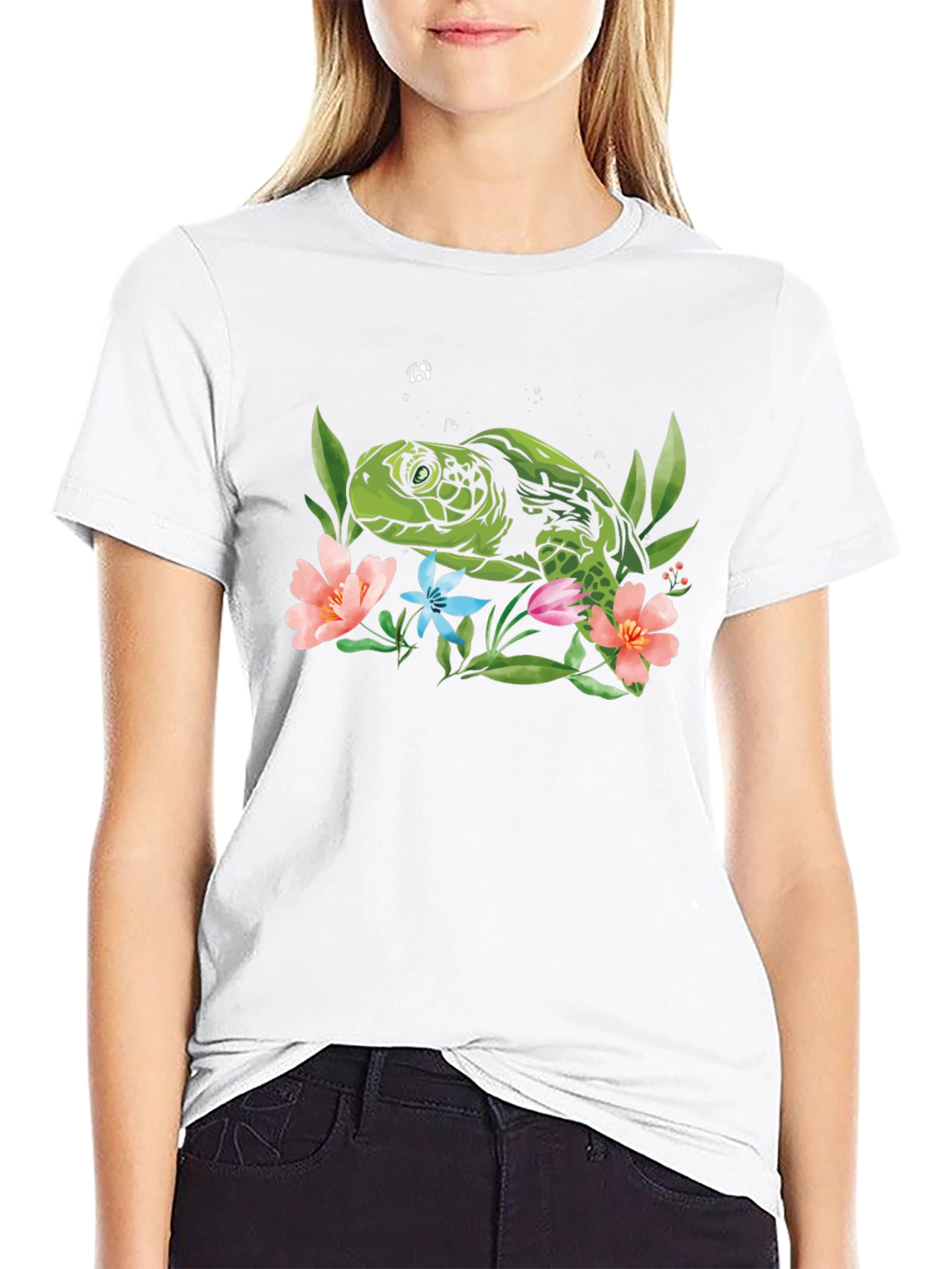 Sea Turtle Floral Graphic Tee - Black
