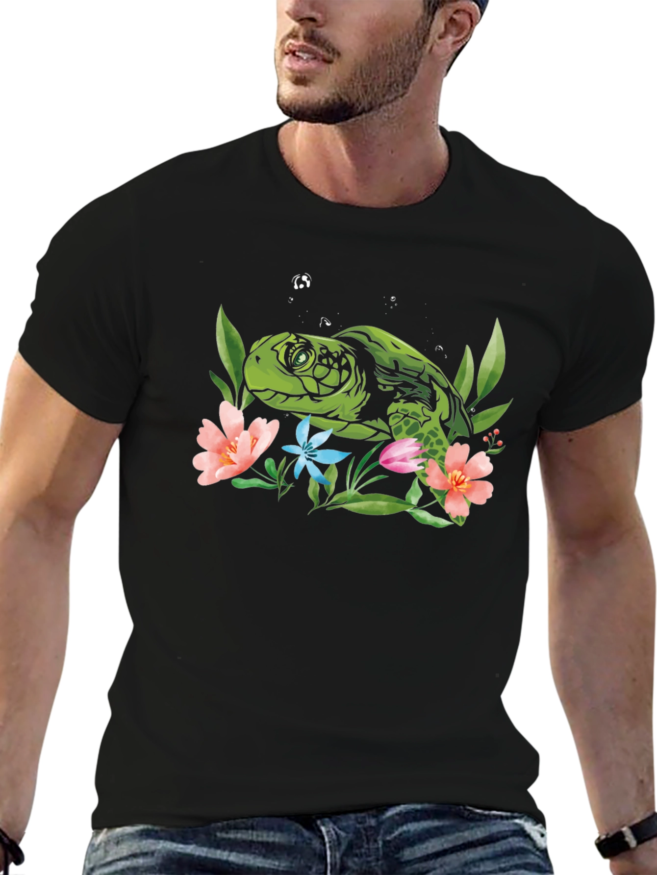 Sea Turtle Floral Graphic Tee - Black
