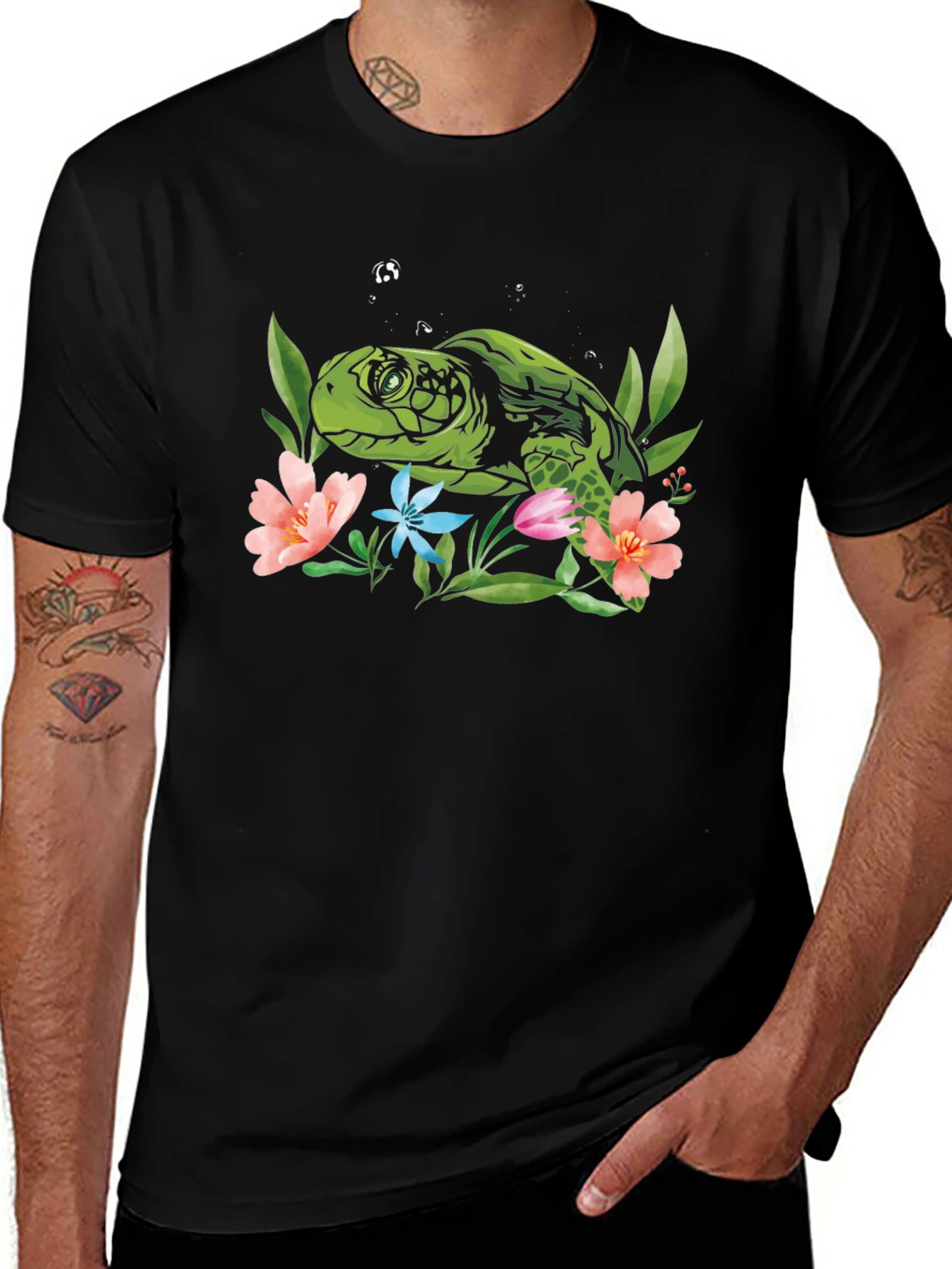 Sea Turtle Floral Graphic Tee - Black