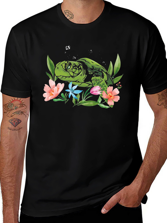 Sea Turtle Floral Graphic Tee - Black
