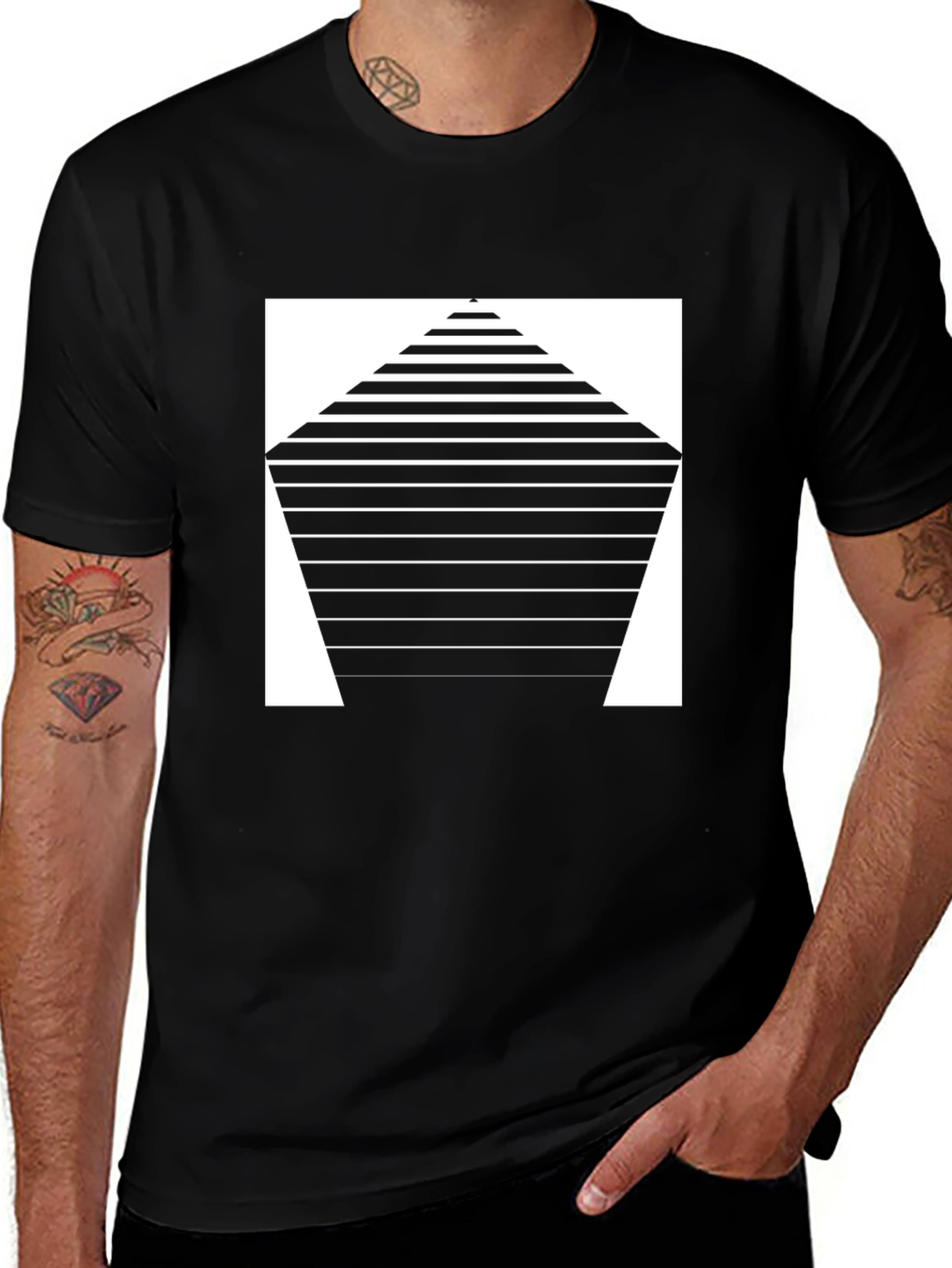 Modern Geometric Striped Black T-Shirt