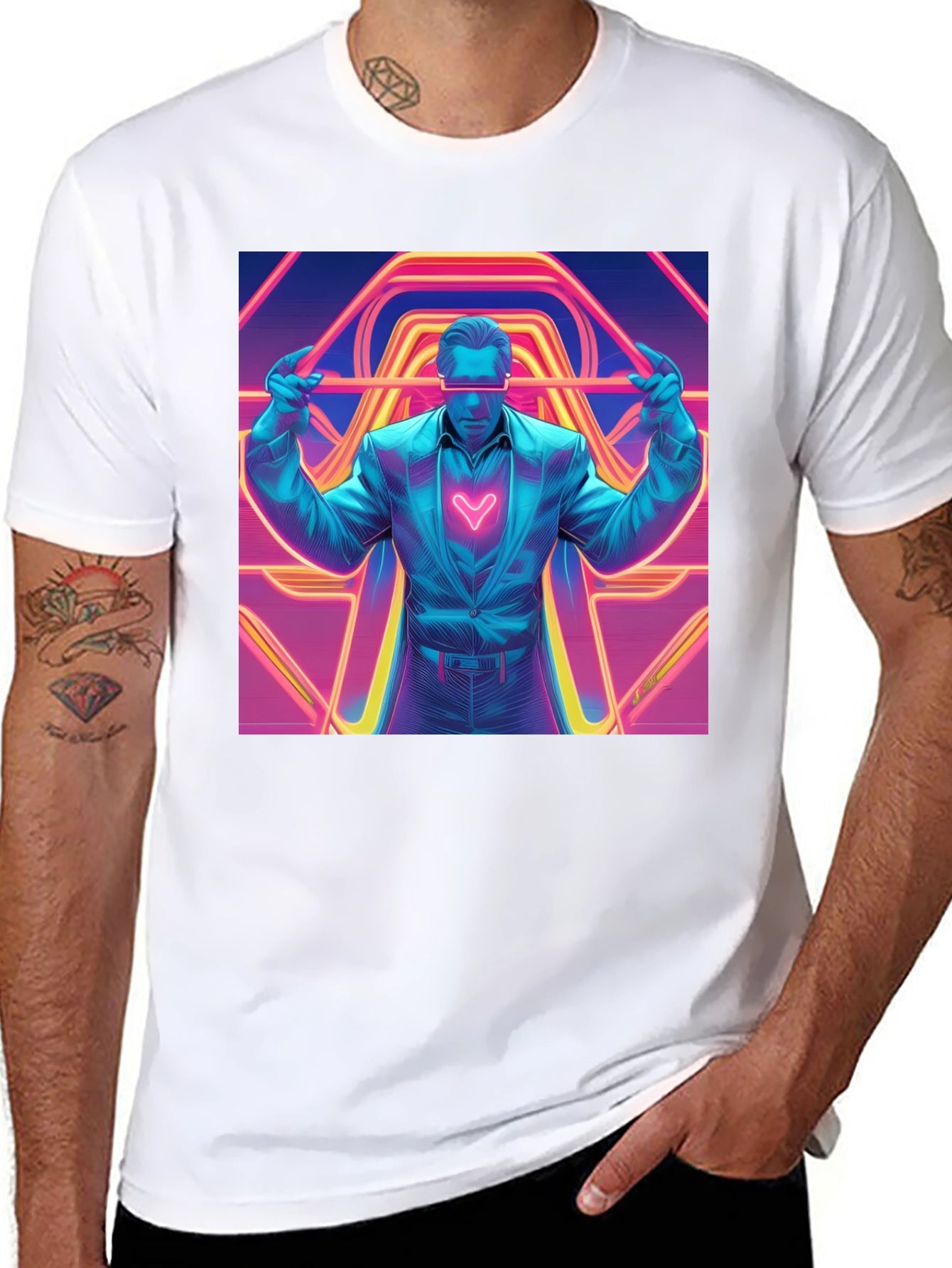 Retro Synthwave Neon Heart Graphic Tee - Black
