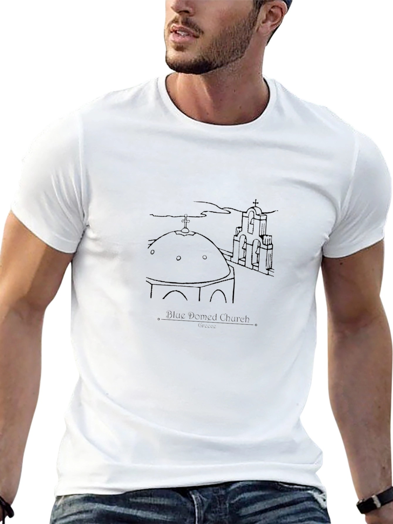 Blue Domed Church Santorini Greece Black T-Shirt