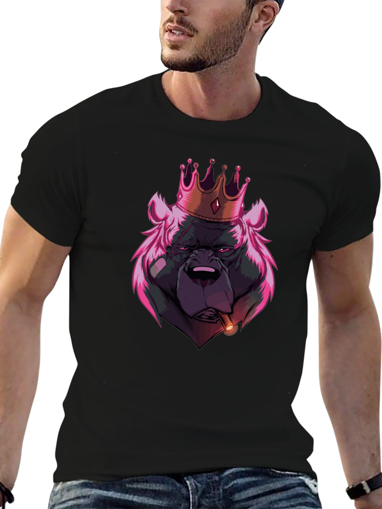 King Bear Graphic T-Shirt - Black Crew Neck Tee