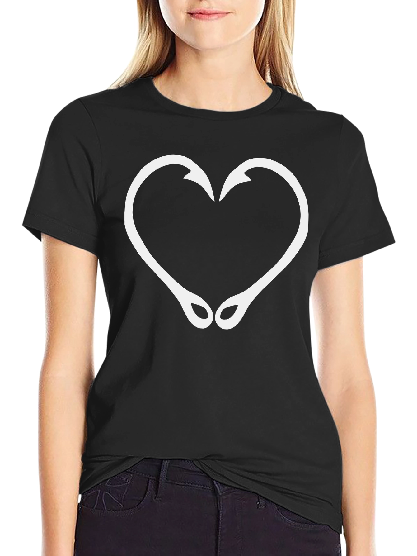 Fishing Hook Heart Graphic T-Shirt - Black