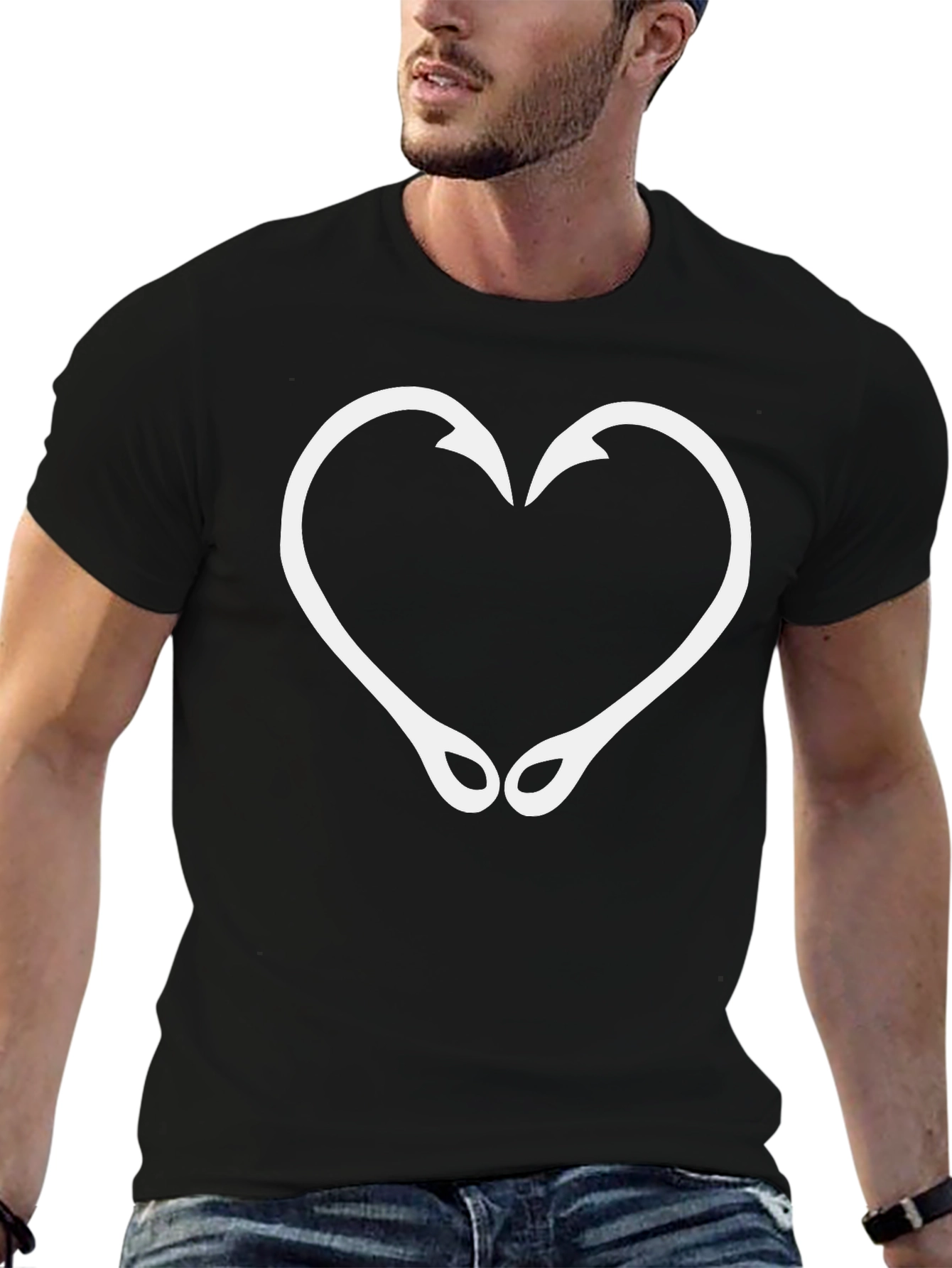 Fishing Hook Heart Graphic T-Shirt - Black