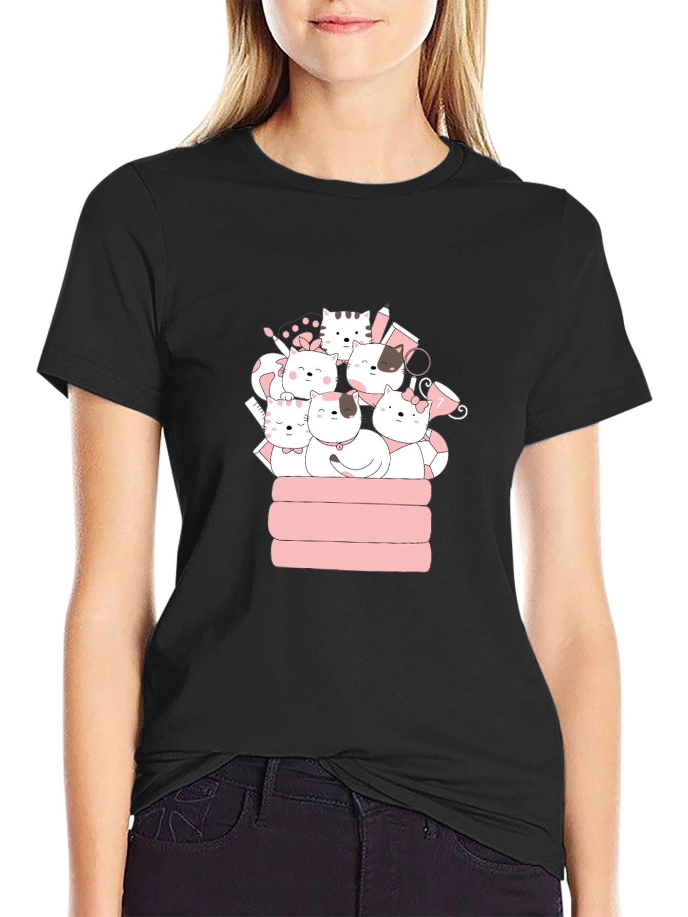 Cute Cats T-Shirt - Black Crew Neck