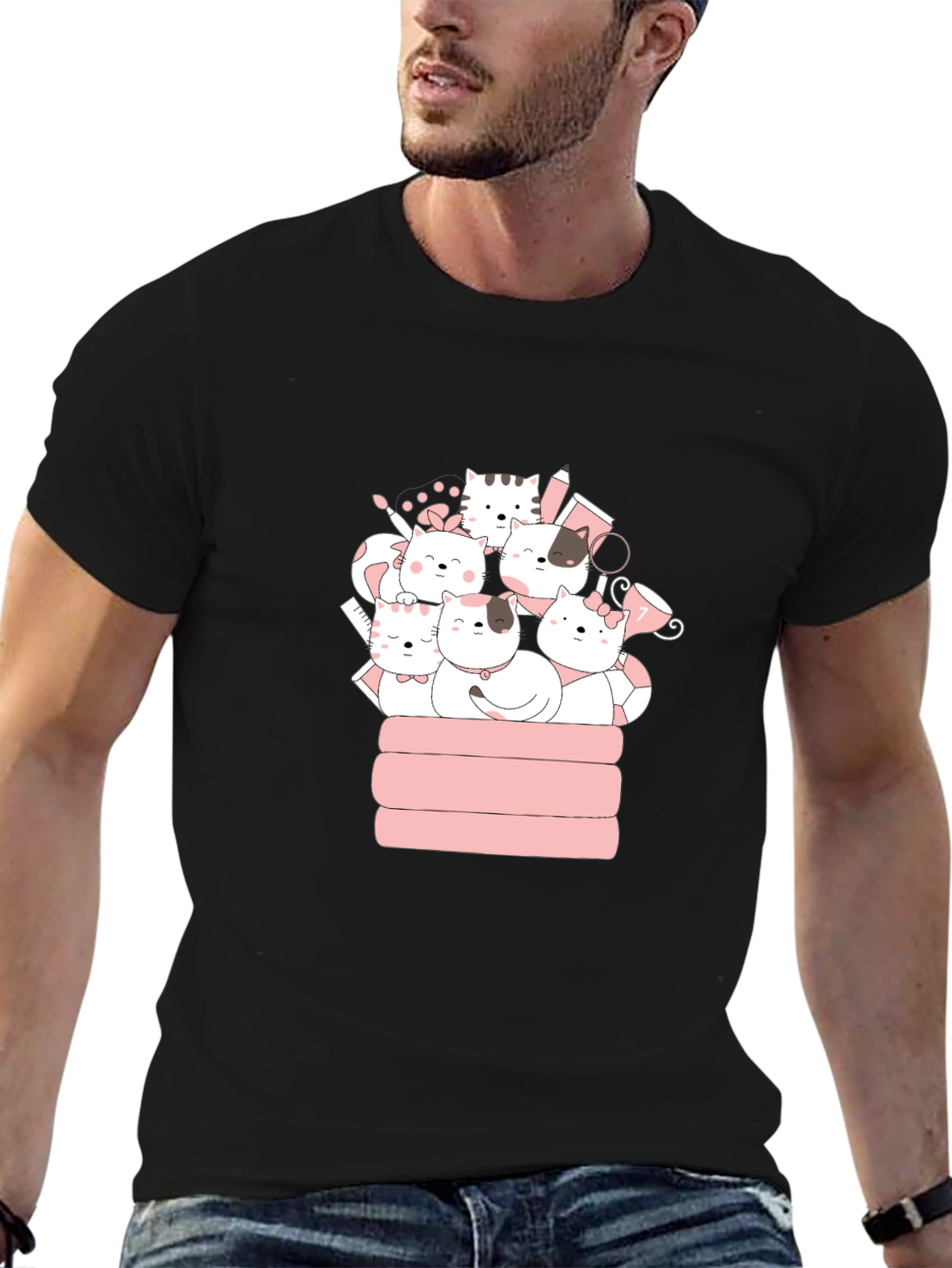 Cute Cats T-Shirt - Black Crew Neck