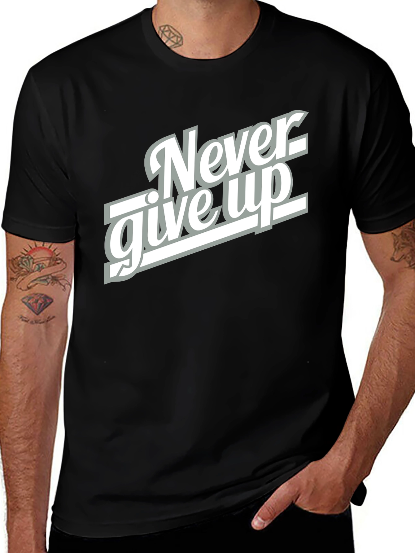 Never Give Up Black Graphic T-Shirt
