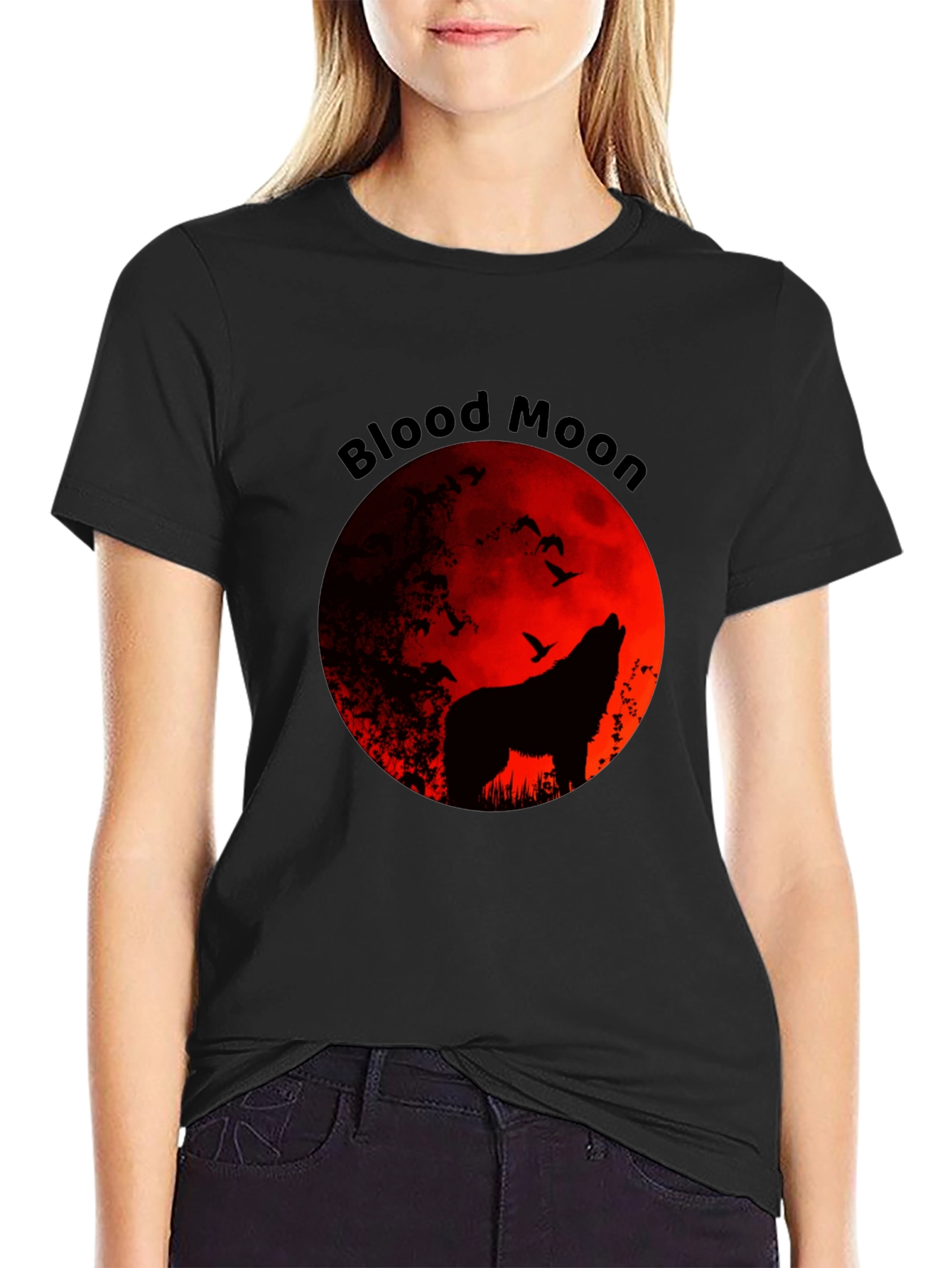 Blood Moon Wolf Graphic Tee - Black