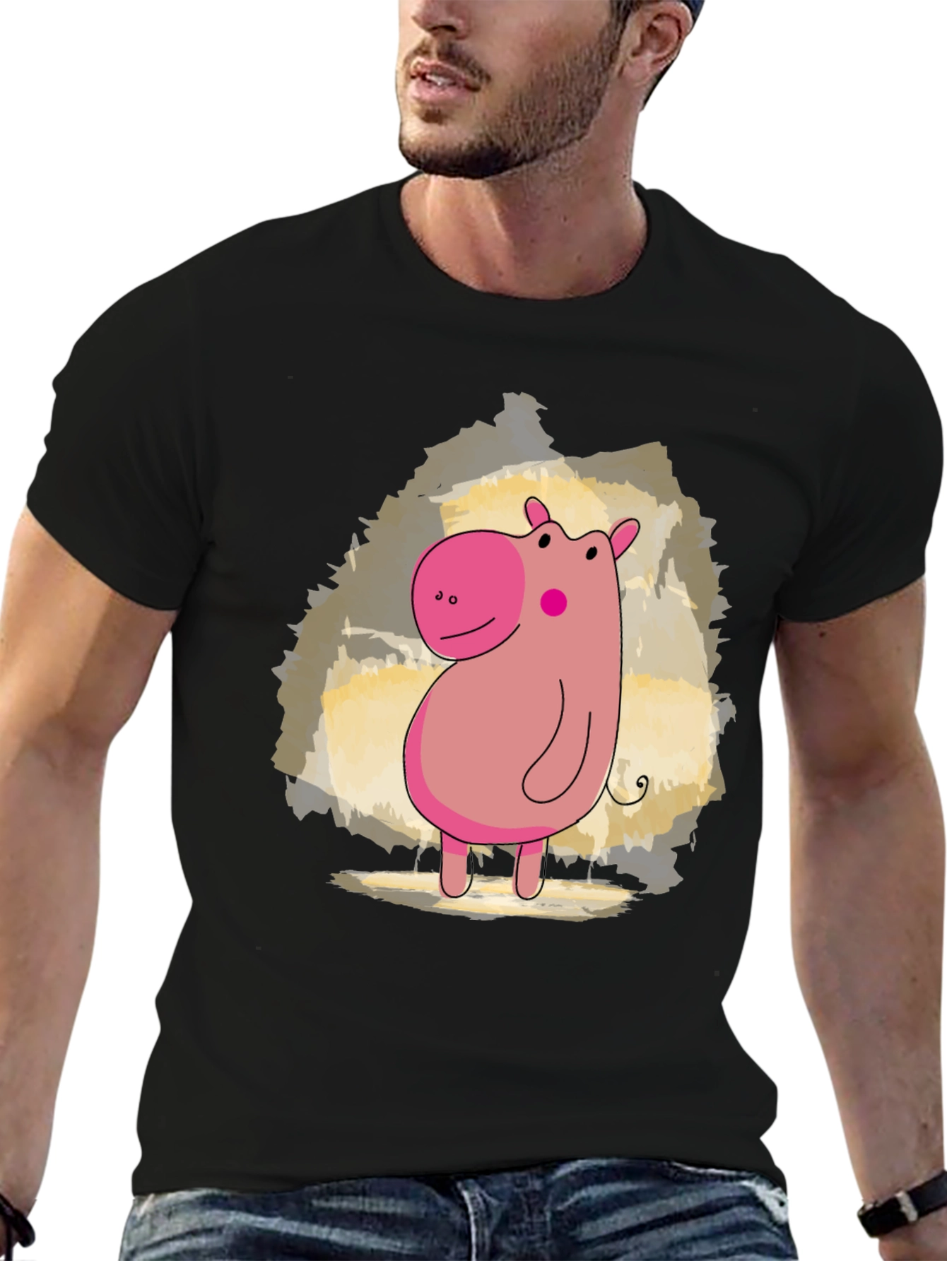 Cute Hippo Cartoon Black T-Shirt