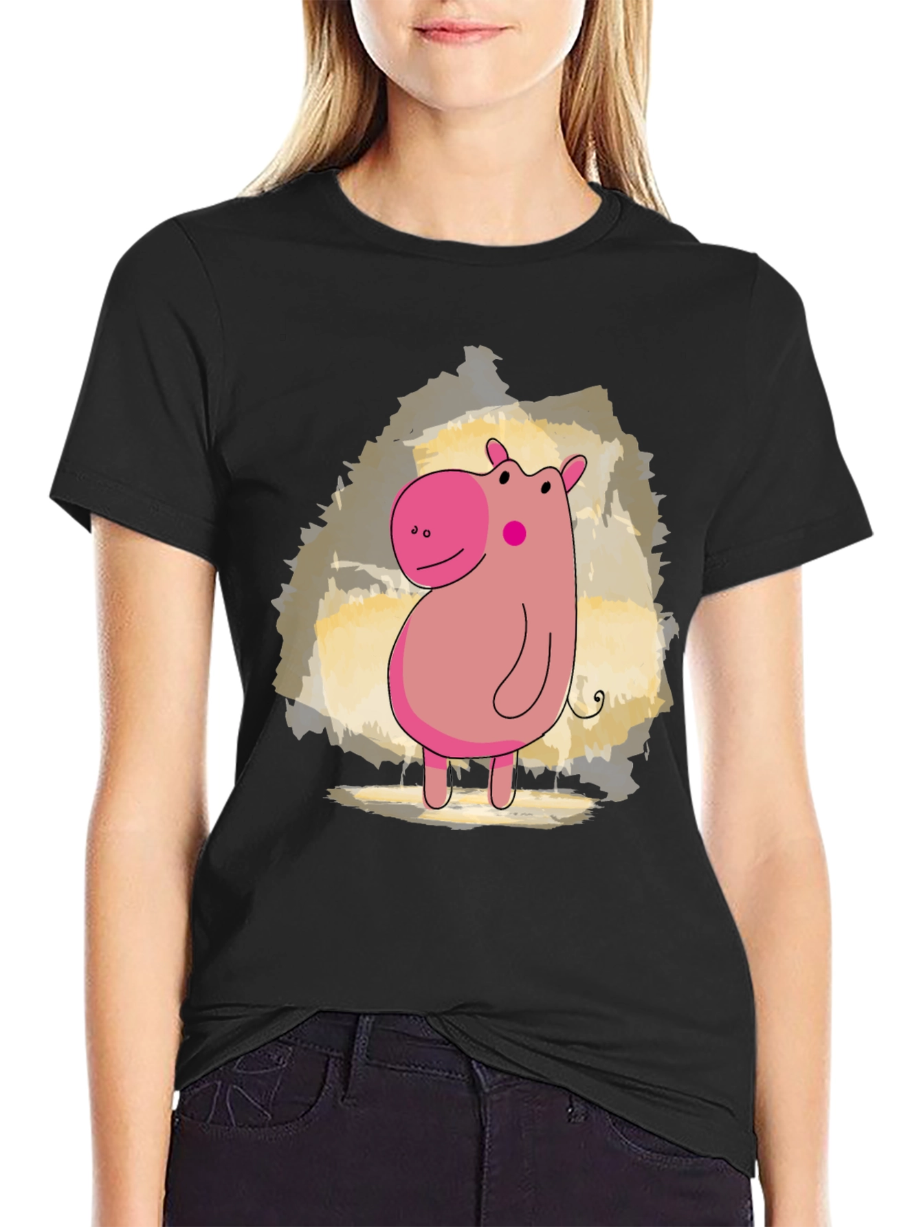 Cute Hippo Cartoon Black T-Shirt