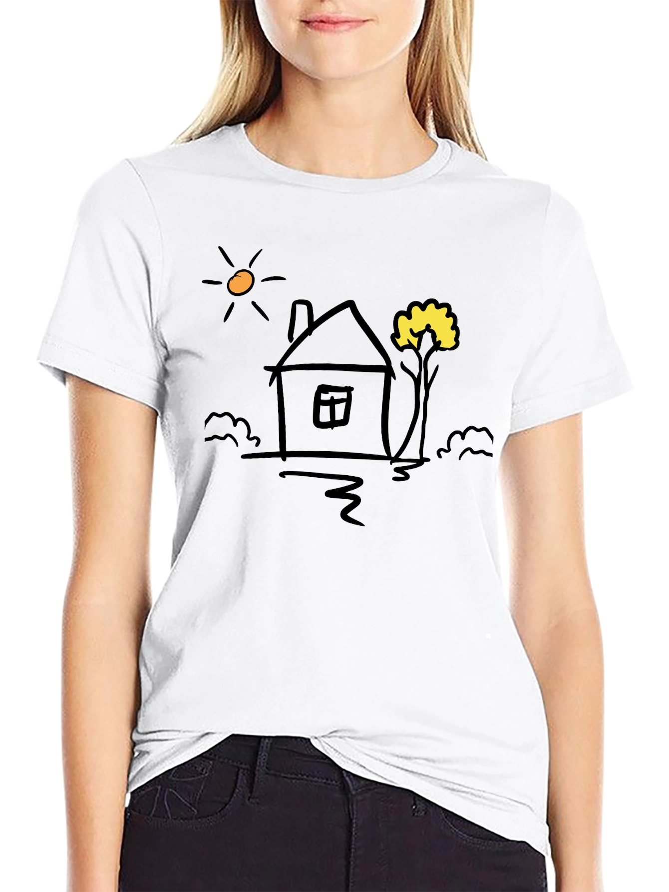 Doodle House Graphic Tee - Casual Black T-Shirt