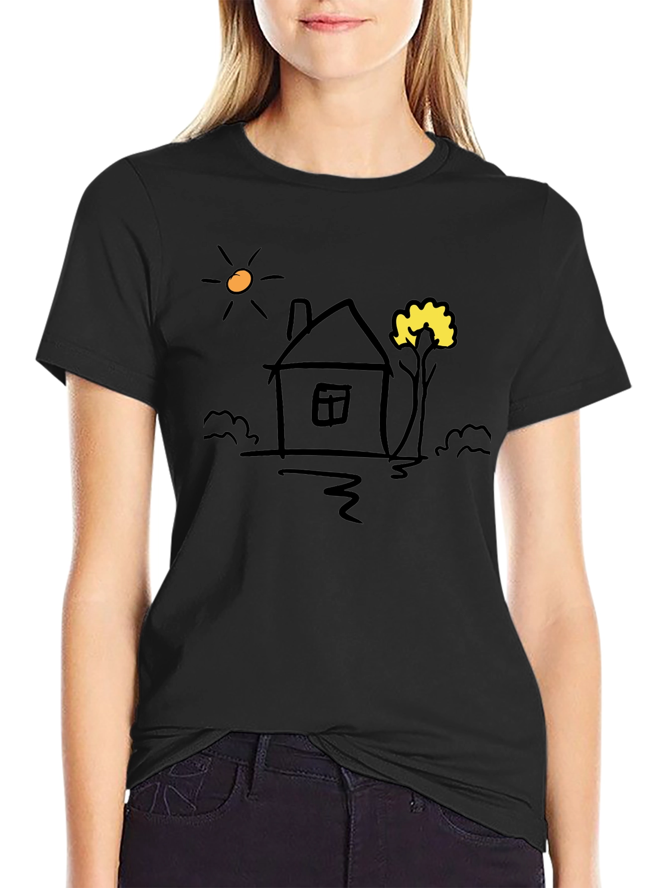 Doodle House Graphic Tee - Casual Black T-Shirt