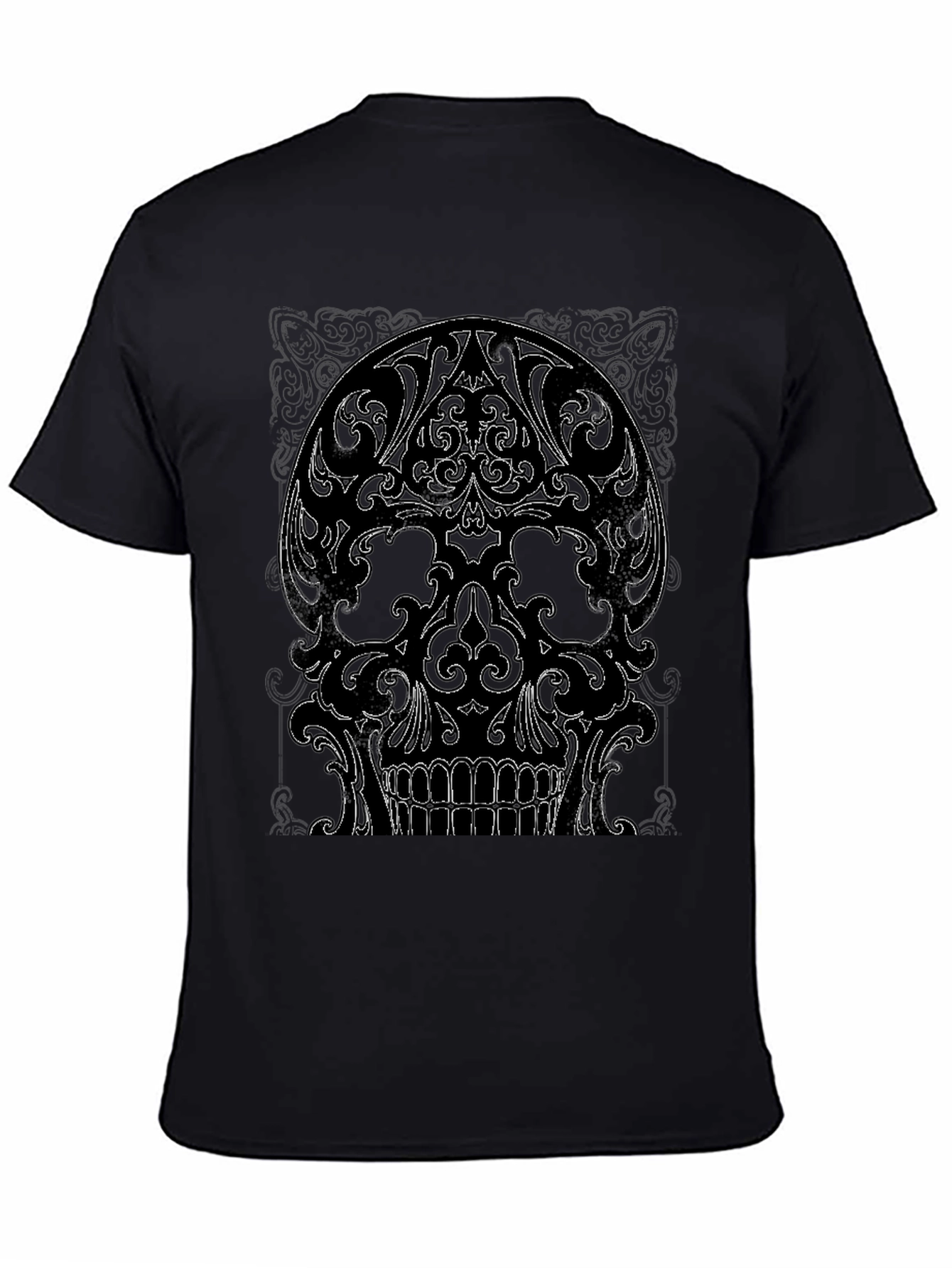 Ornate Skull Graphic Tee - Black Cotton T-Shirt