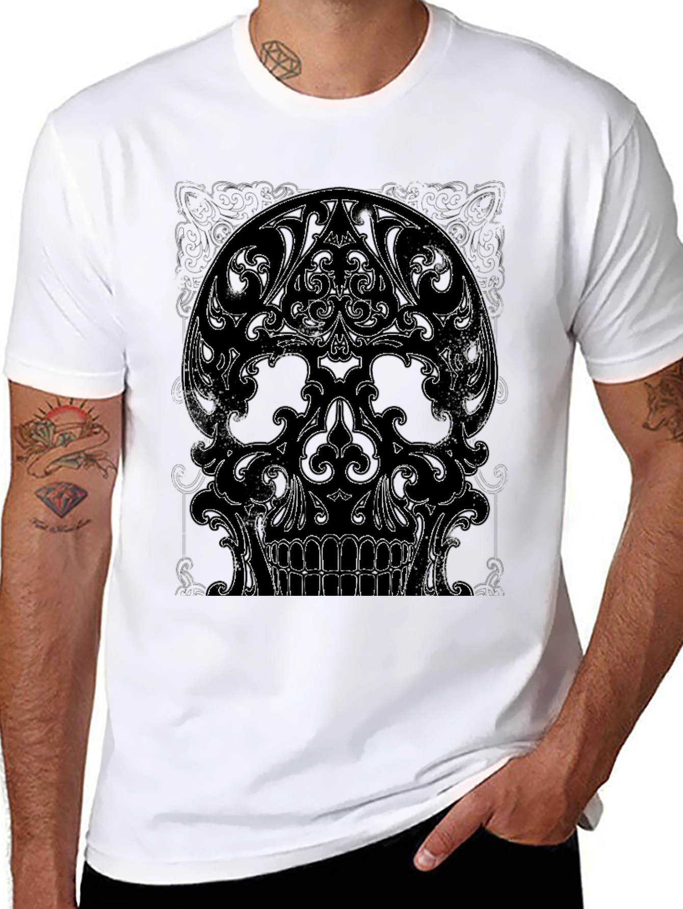 Ornate Skull Graphic Tee - Black Cotton T-Shirt