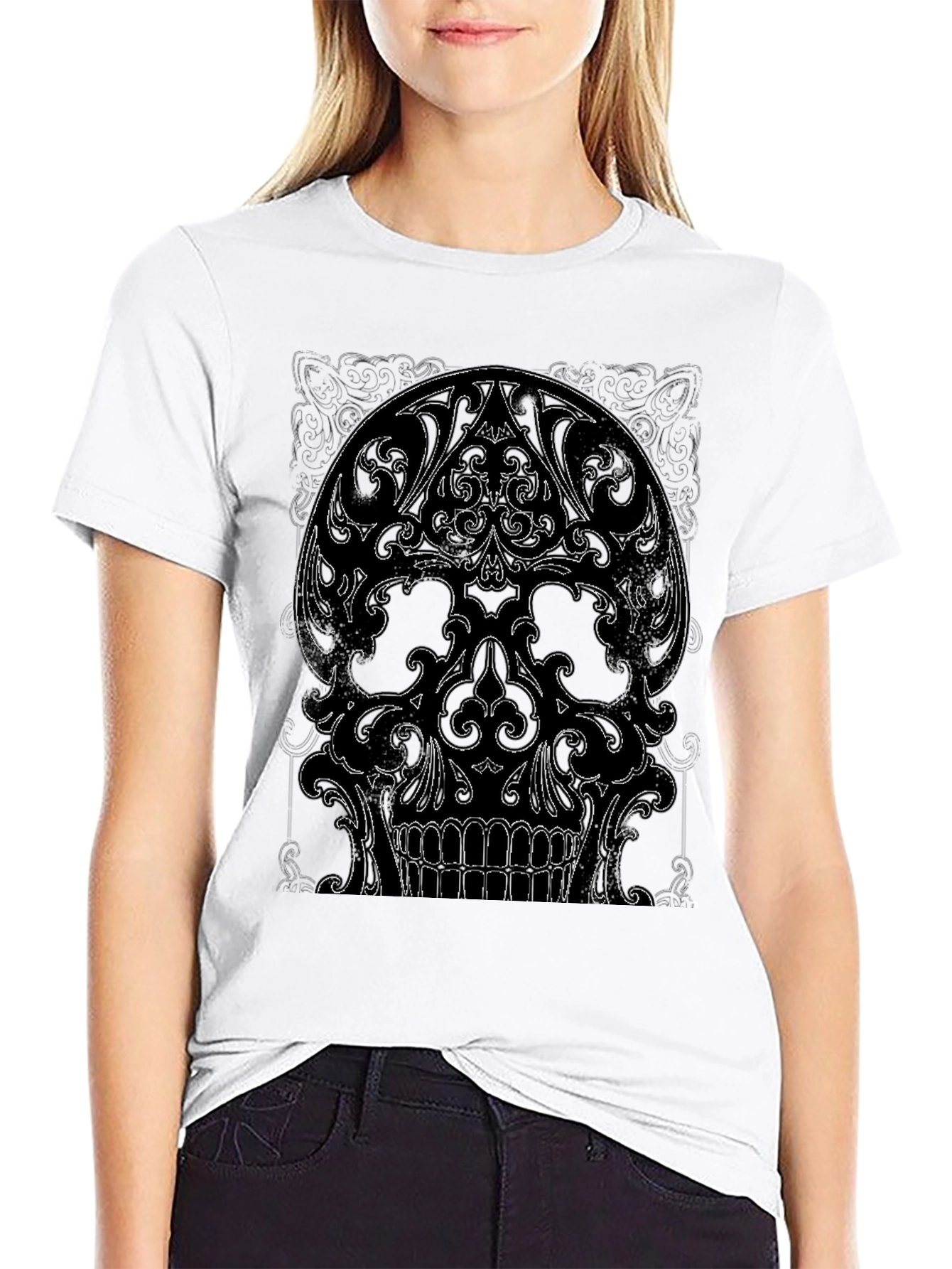 Ornate Skull Graphic Tee - Black Cotton T-Shirt