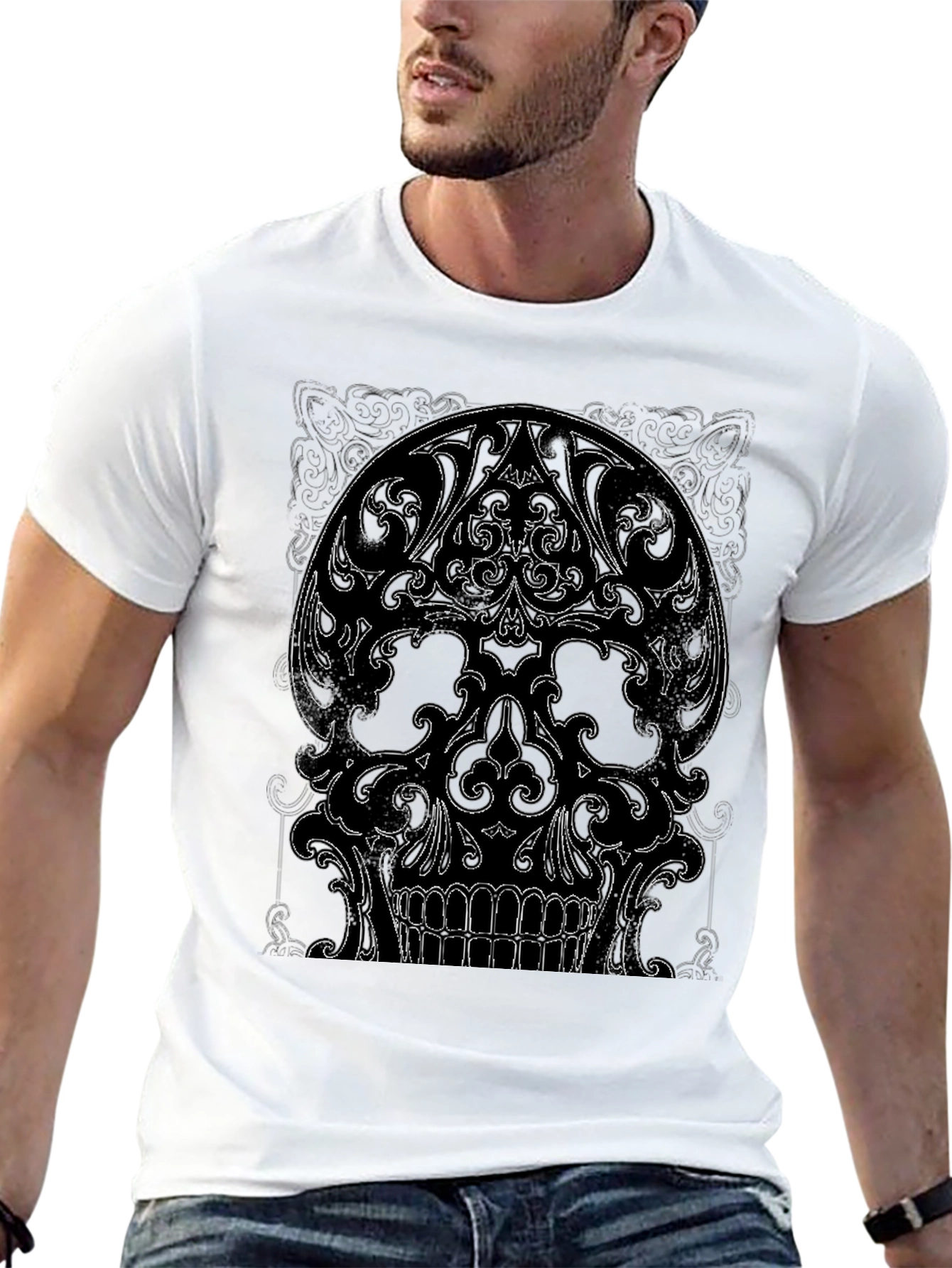 Ornate Skull Graphic Tee - Black Cotton T-Shirt