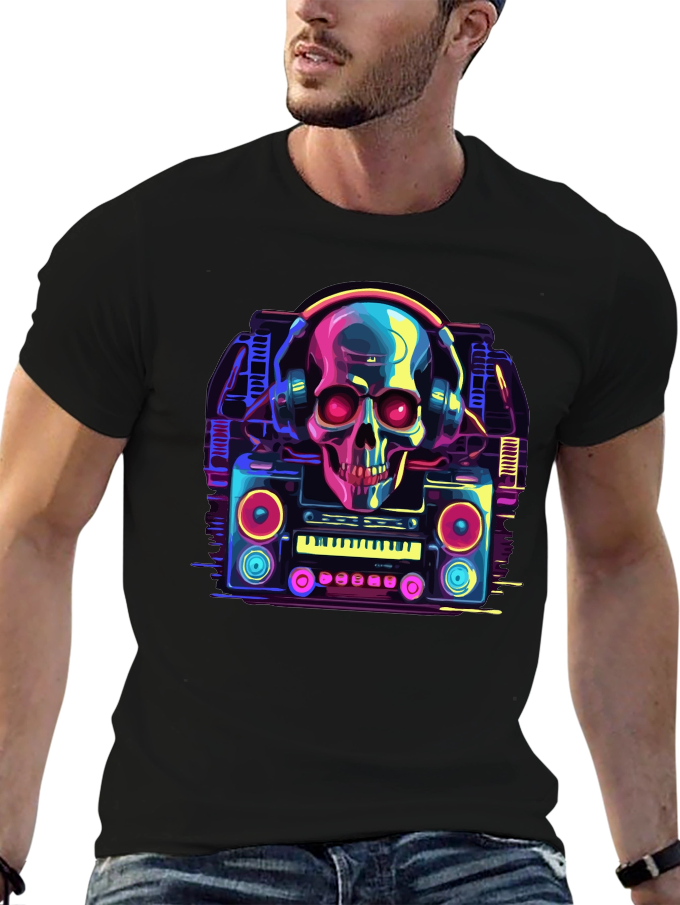 Skull Boombox Graphic Tee - Retro Music Style