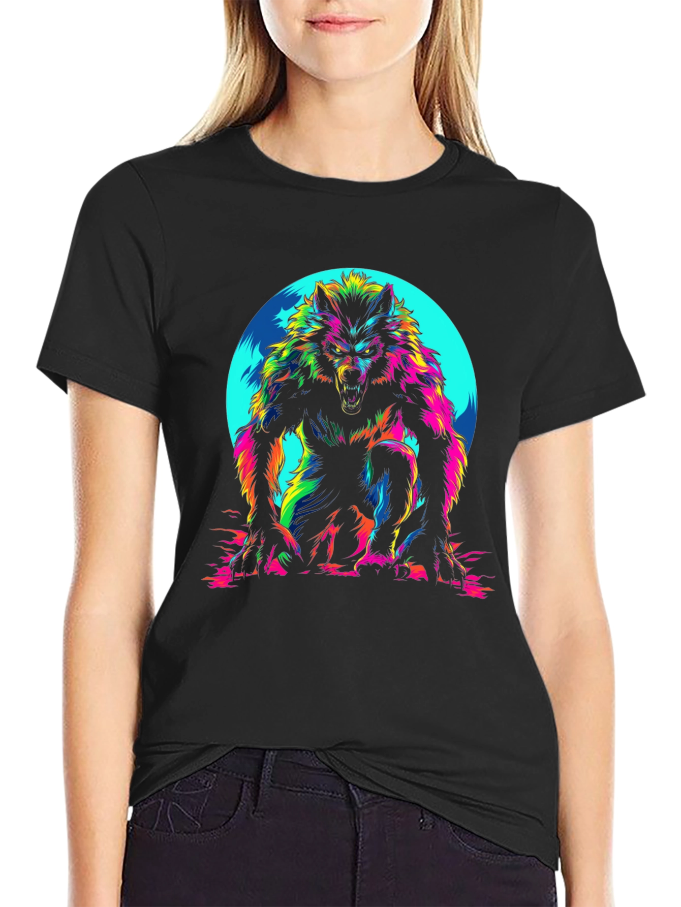 Vibrant Werewolf Graphic T-Shirt - Mens Black Crew Neck