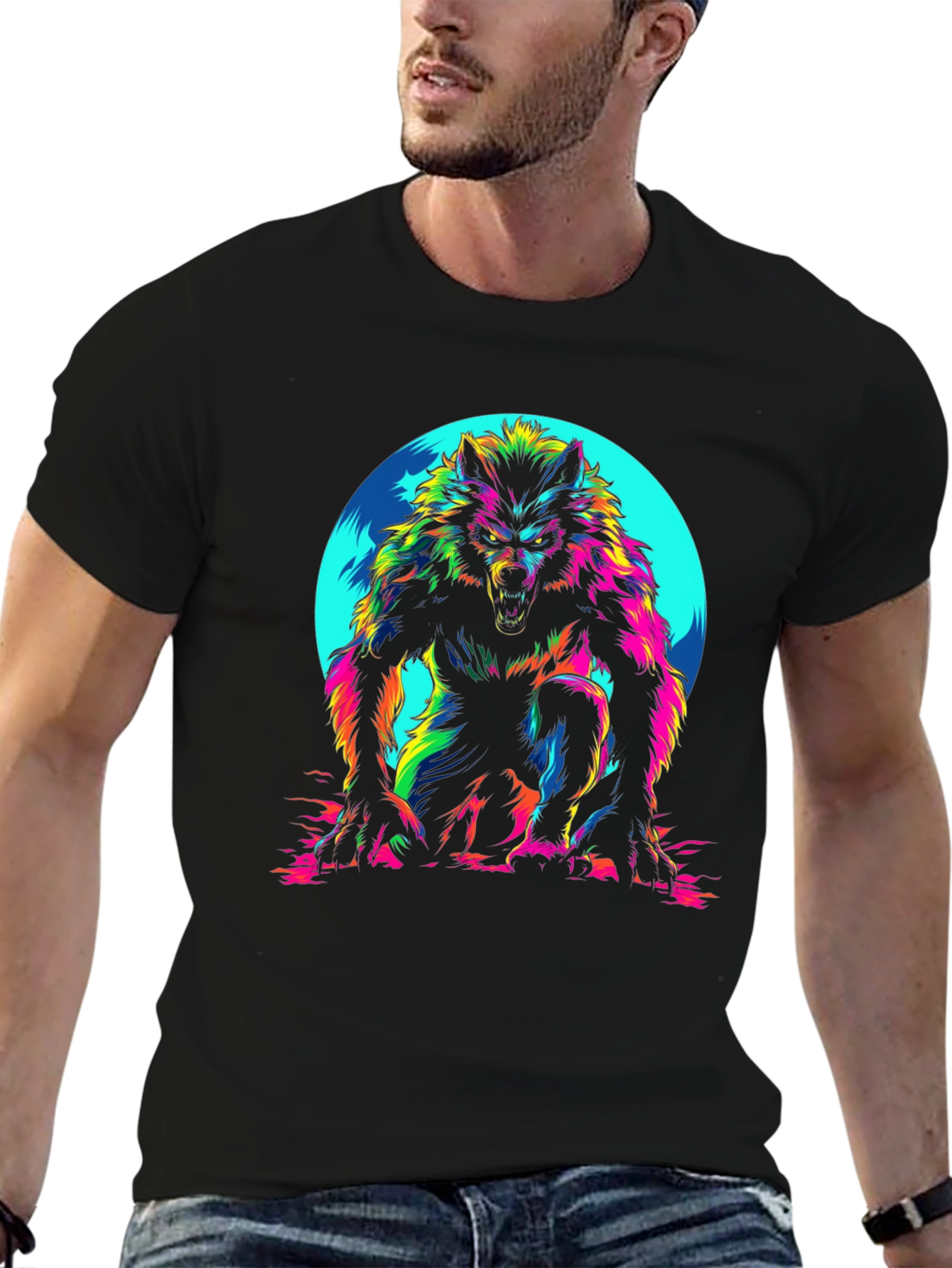 Vibrant Werewolf Graphic T-Shirt - Mens Black Crew Neck