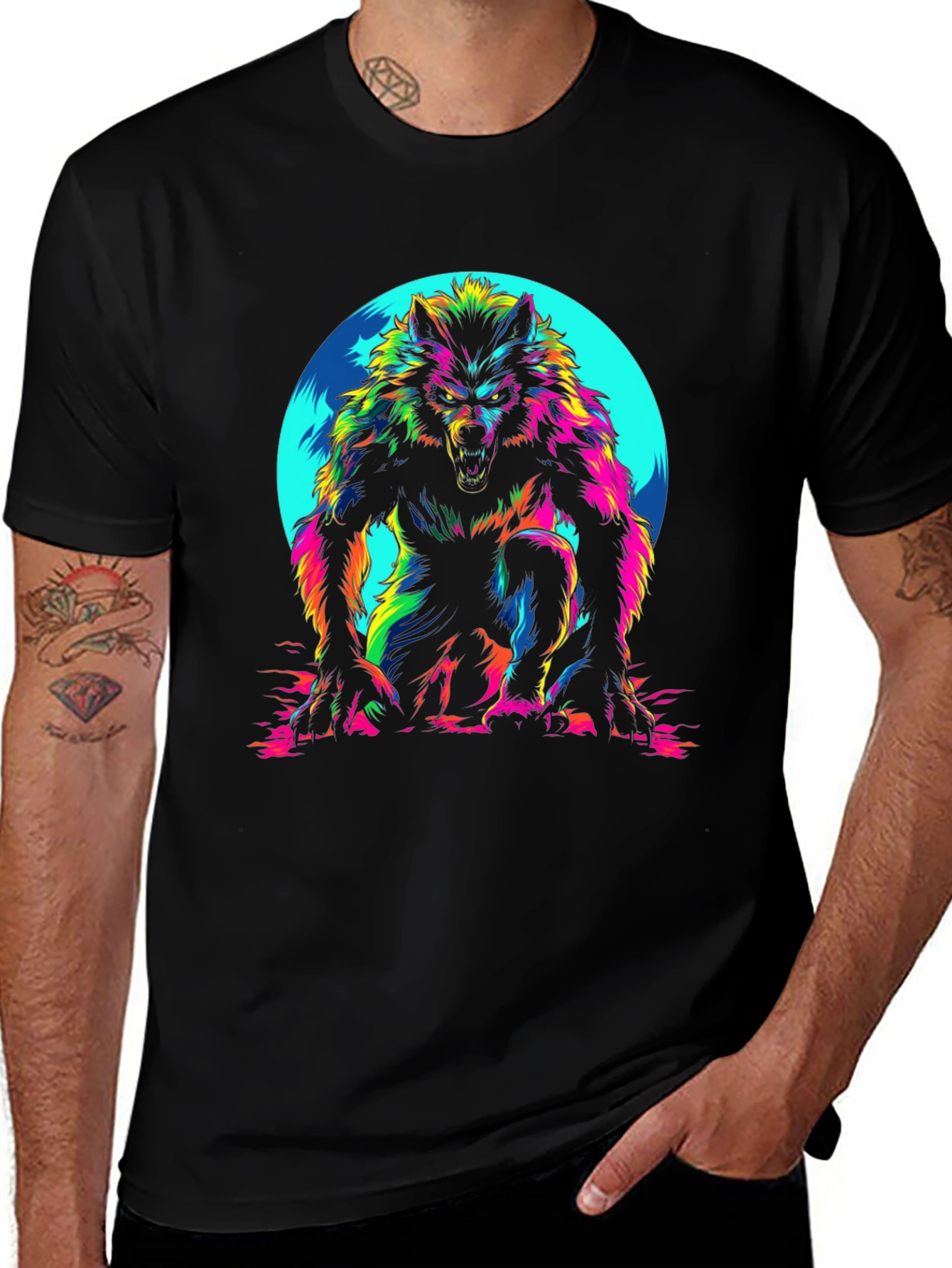 Vibrant Werewolf Graphic T-Shirt - Mens Black Crew Neck