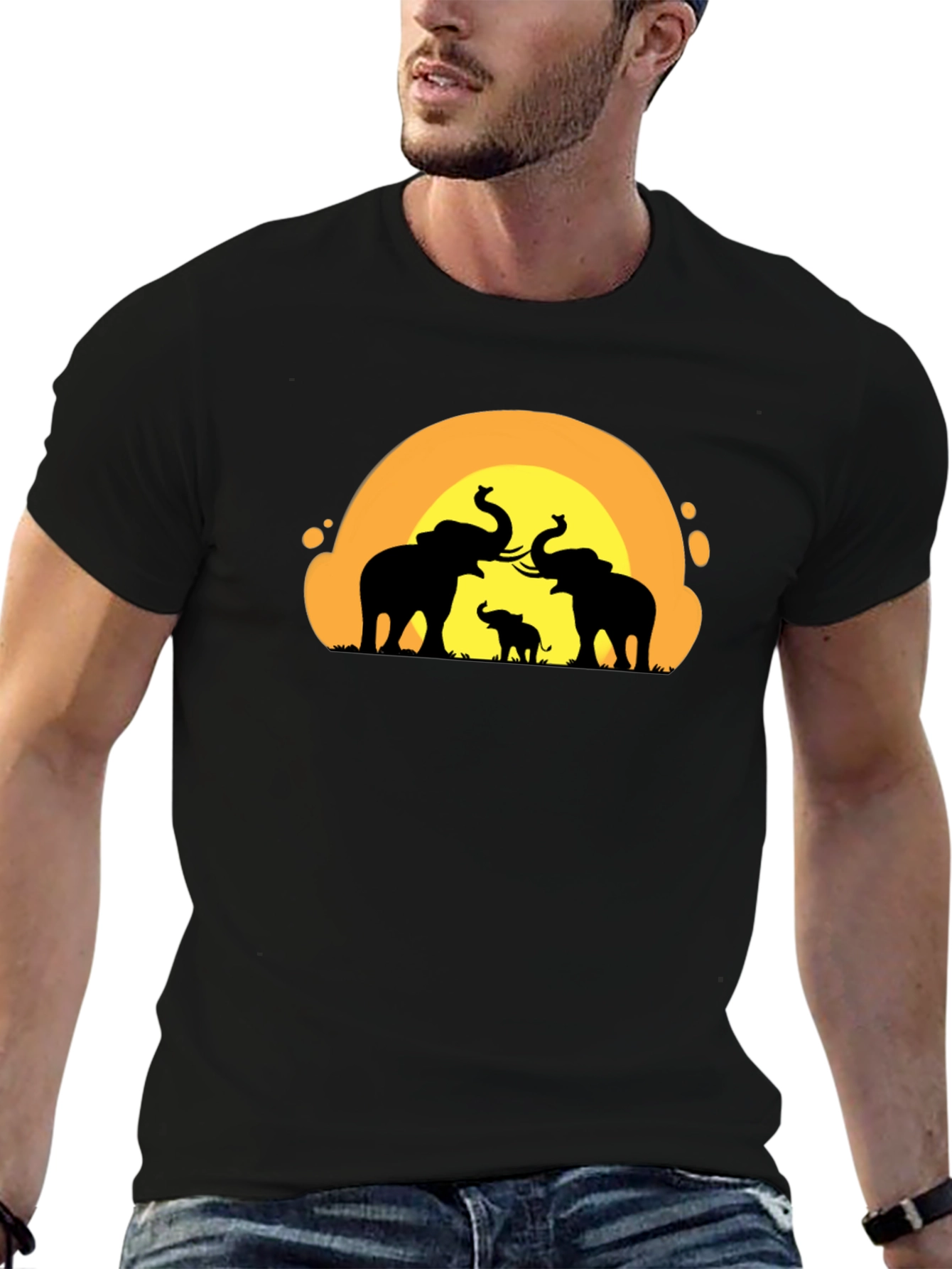 Elephant Sunset Graphic Tee - Black Cotton T-Shirt