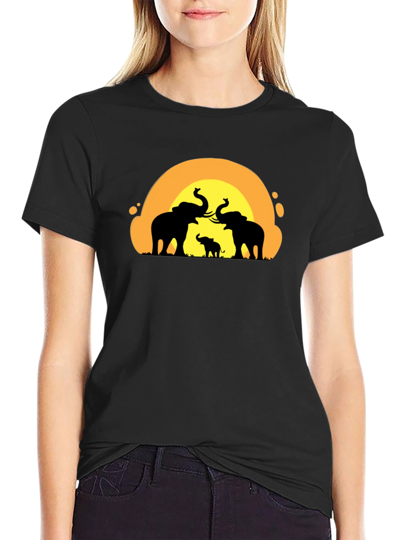 Elephant Sunset Graphic Tee - Black Cotton T-Shirt
