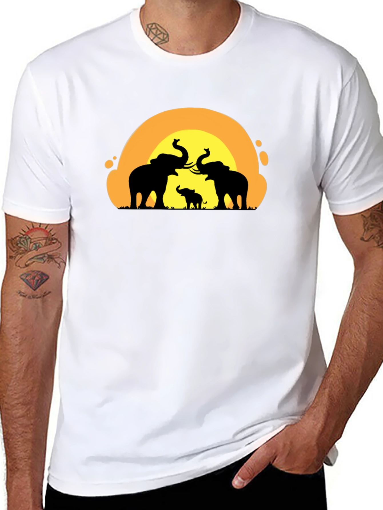 Elephant Sunset Graphic Tee - Black Cotton T-Shirt