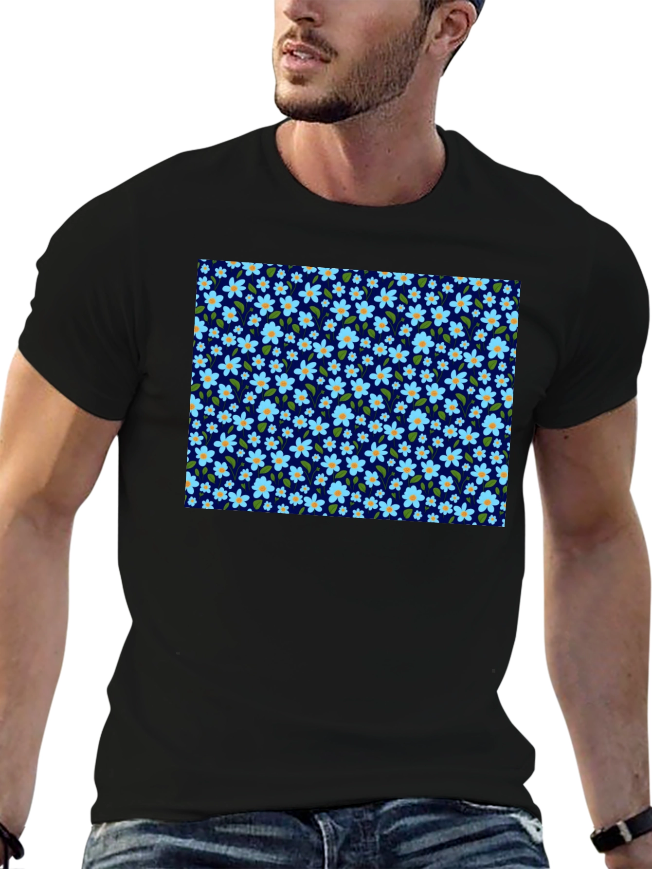Floral Print Mens Black T-Shirt