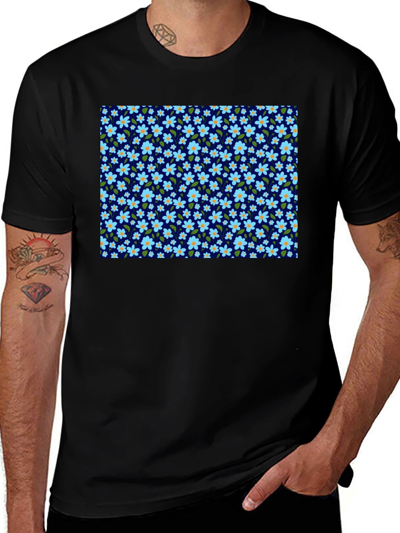 Floral Print Mens Black T-Shirt