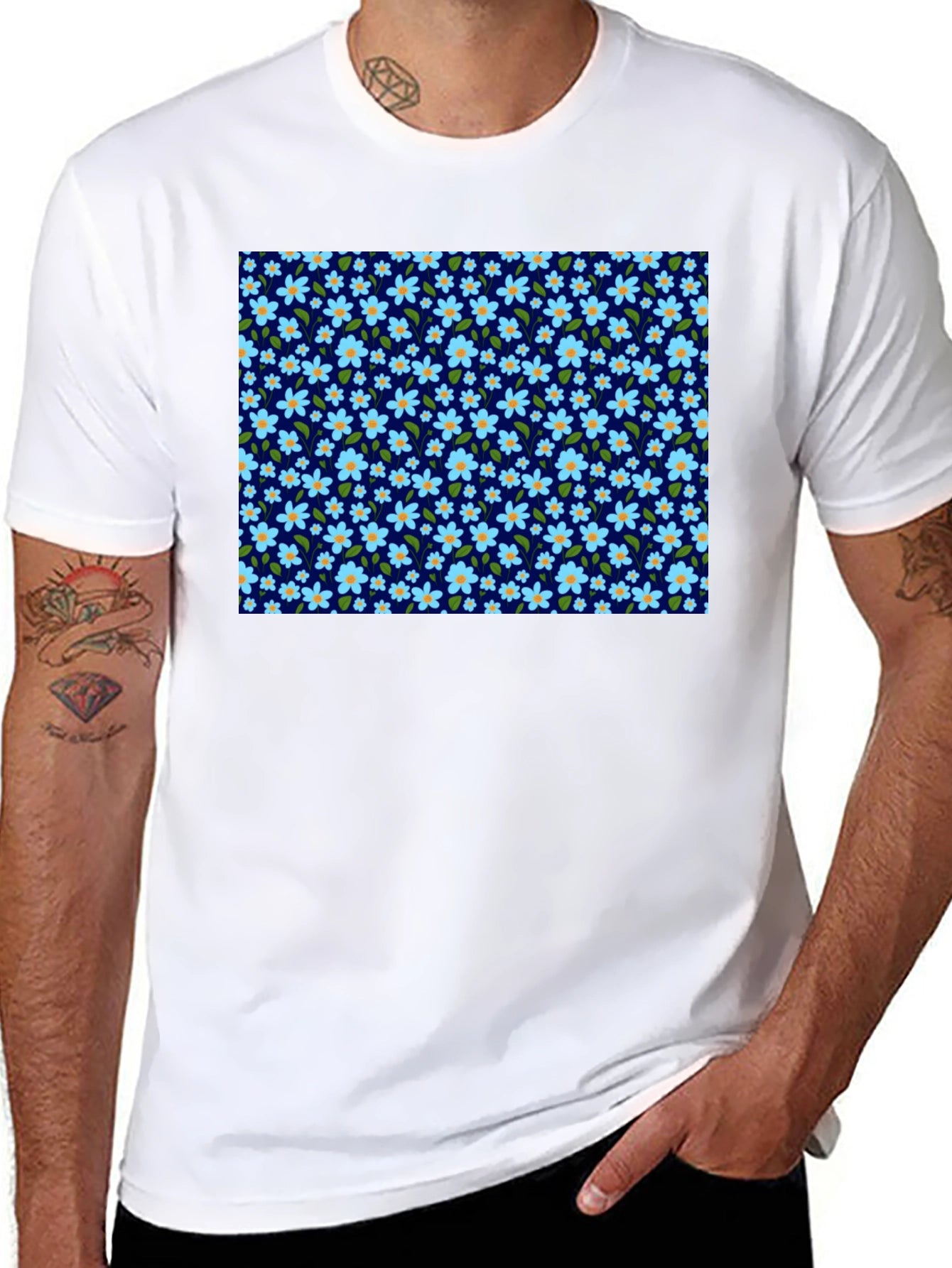 Floral Print Mens Black T-Shirt
