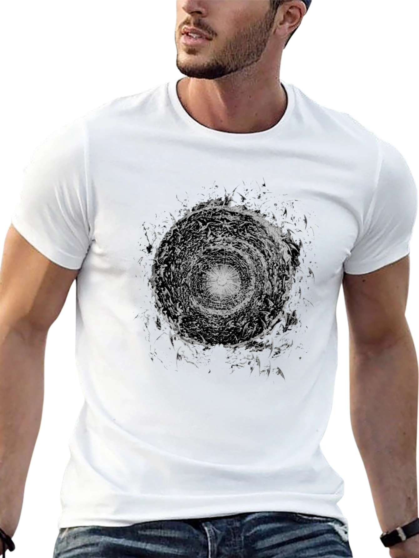 Abstract Vortex Graphic Print Tee - Black