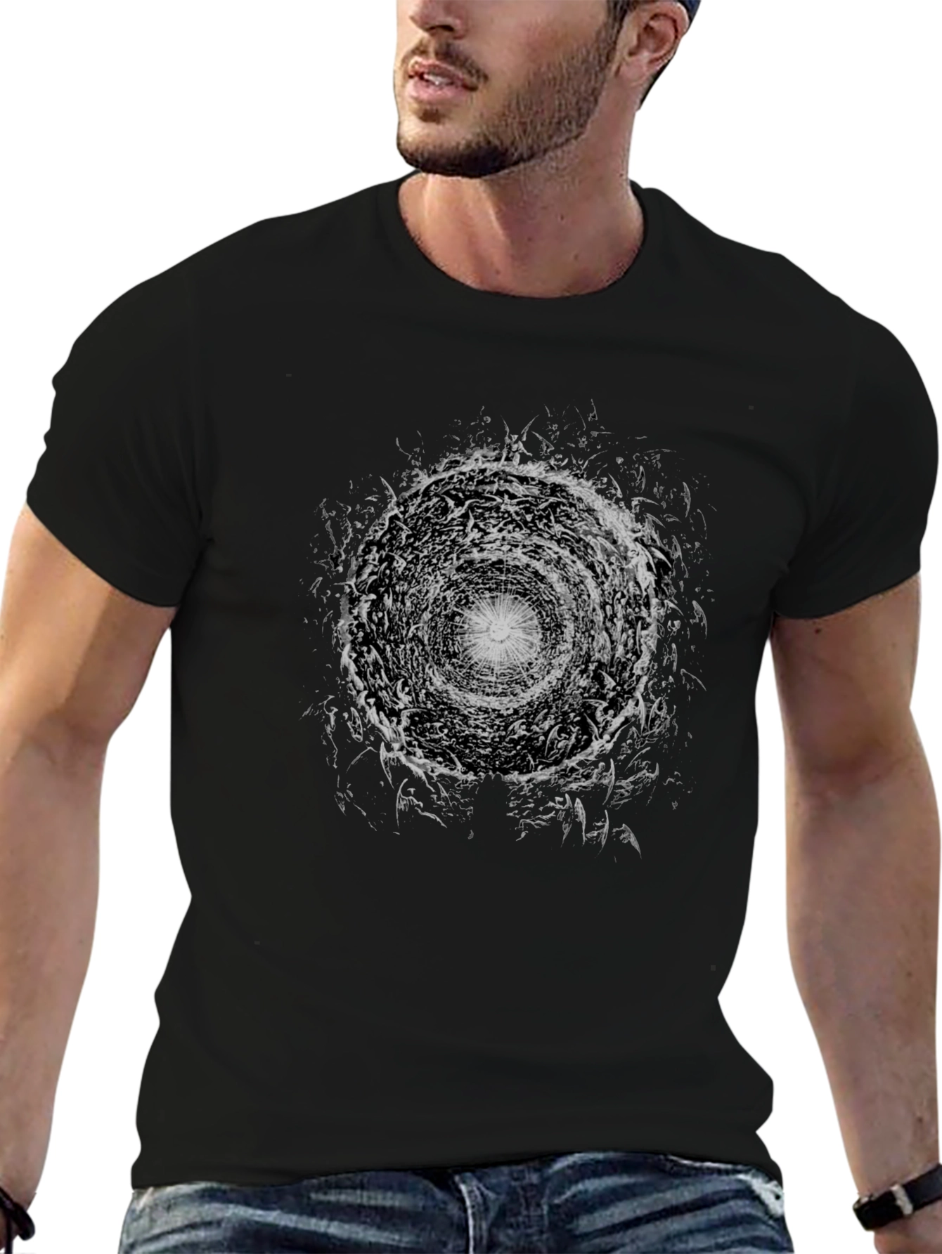 Abstract Vortex Graphic Print Tee - Black