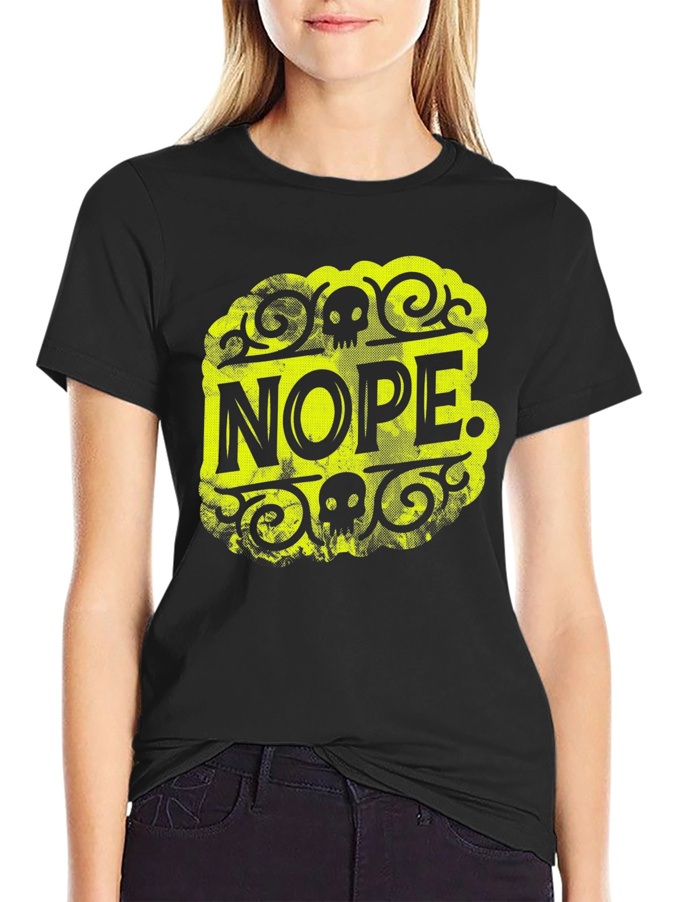 Nope Graphic Tee - Black Cotton Skull Design
