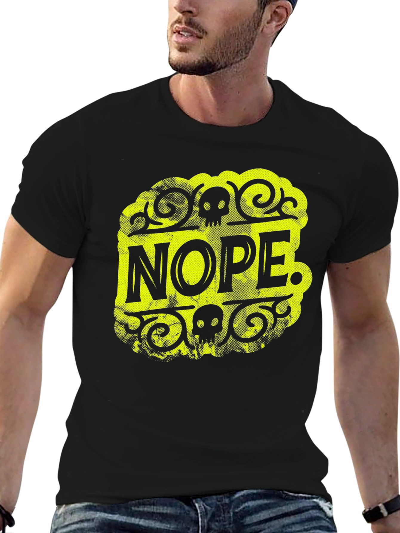 Nope Graphic Tee - Black Cotton Skull Design