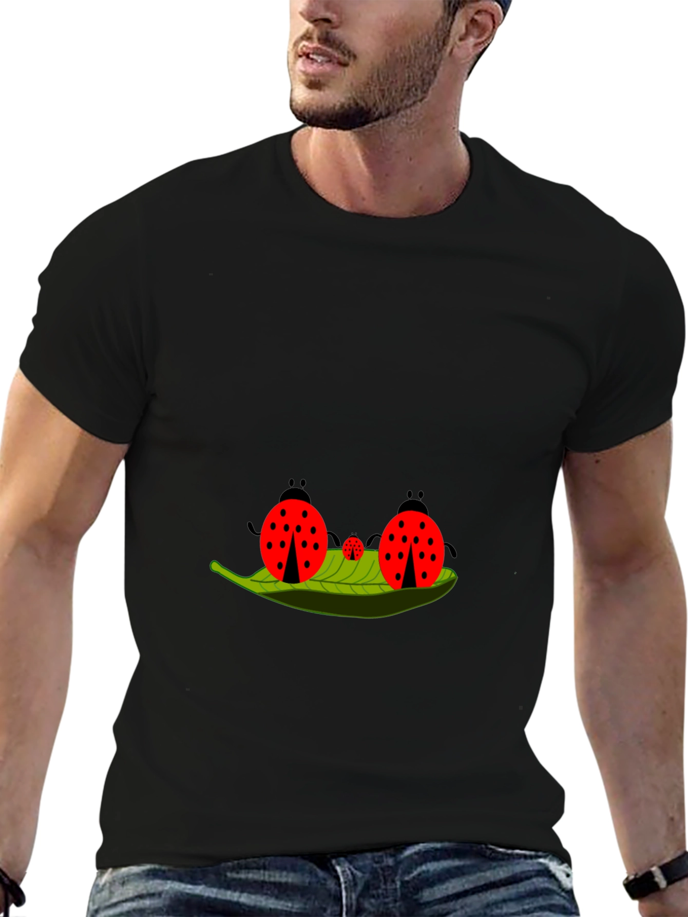 Ladybug Family Graphic Tee - Black Cotton T-Shirt