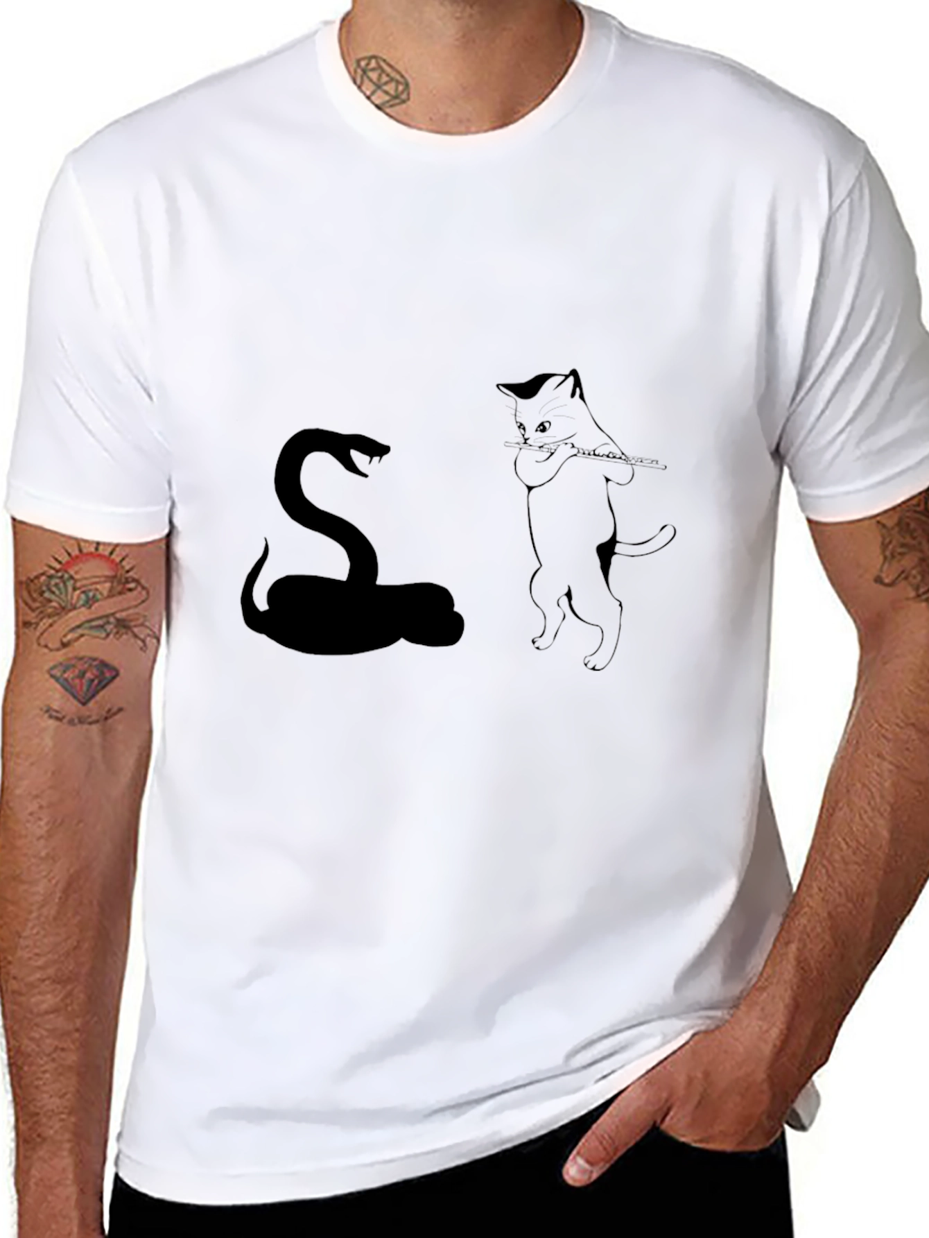Snake Charmer Cat T-Shirt - Black Cotton Tee
