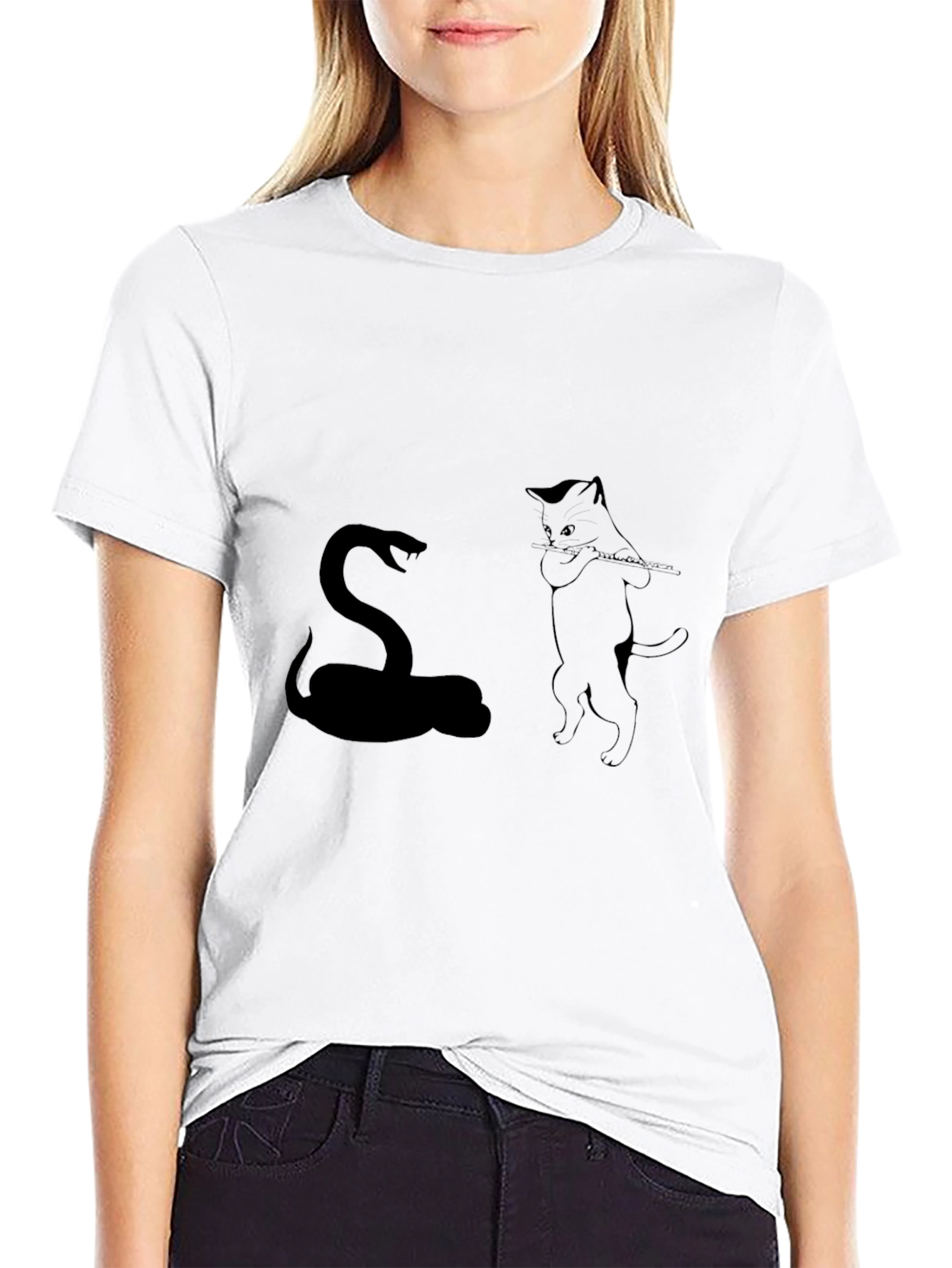 Snake Charmer Cat T-Shirt - Black Cotton Tee