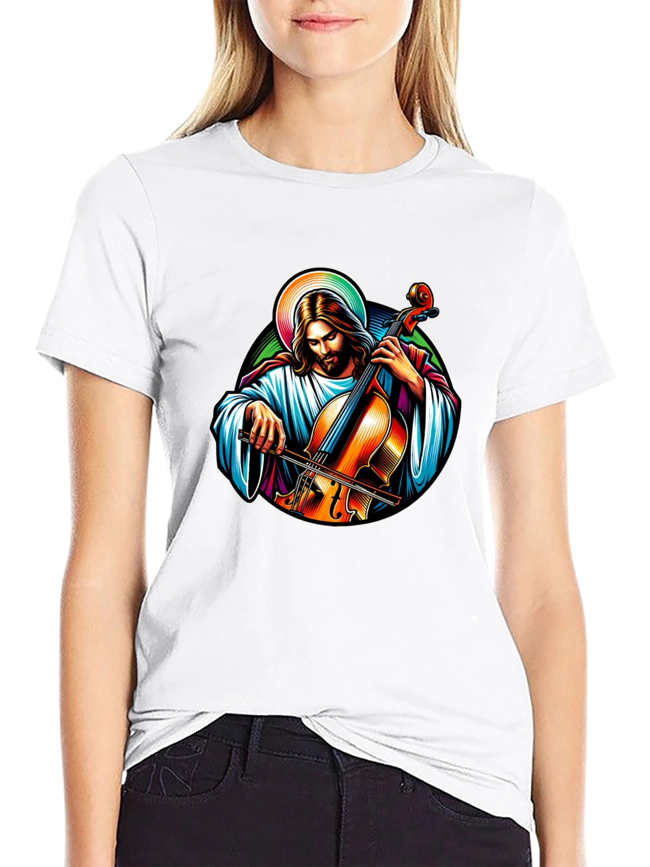 Jesus Playing Cello Black T-Shirt