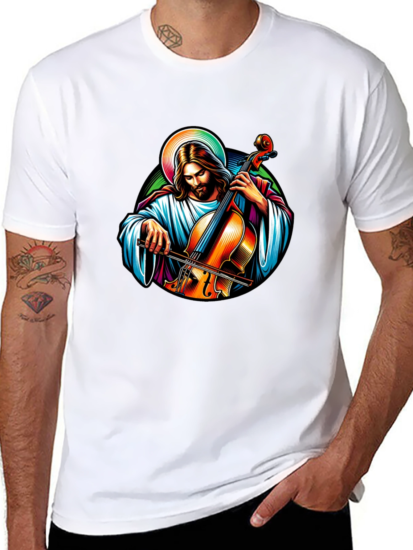 Jesus Playing Cello Black T-Shirt