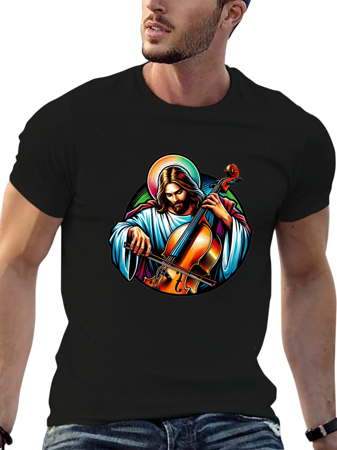 Jesus Playing Cello Black T-Shirt