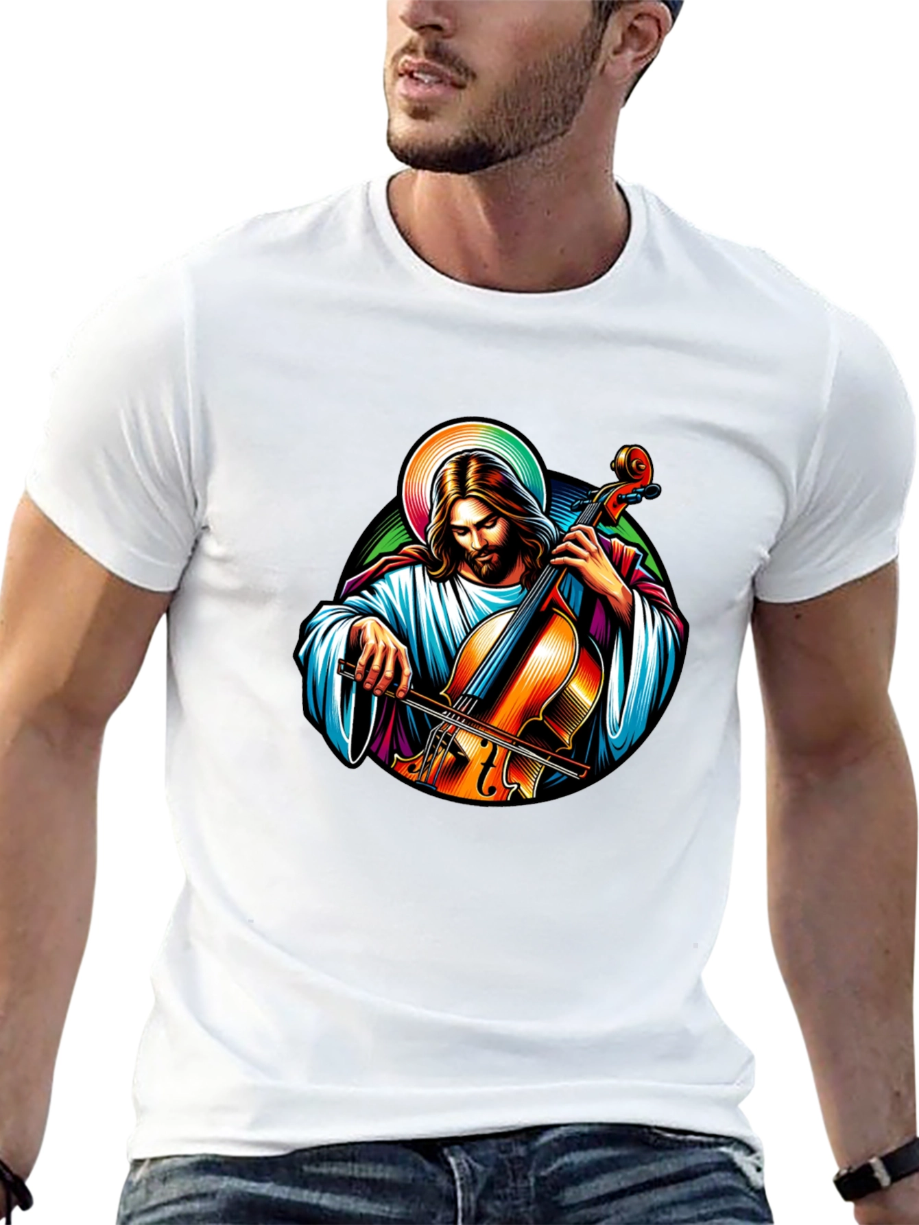 Jesus Playing Cello Black T-Shirt