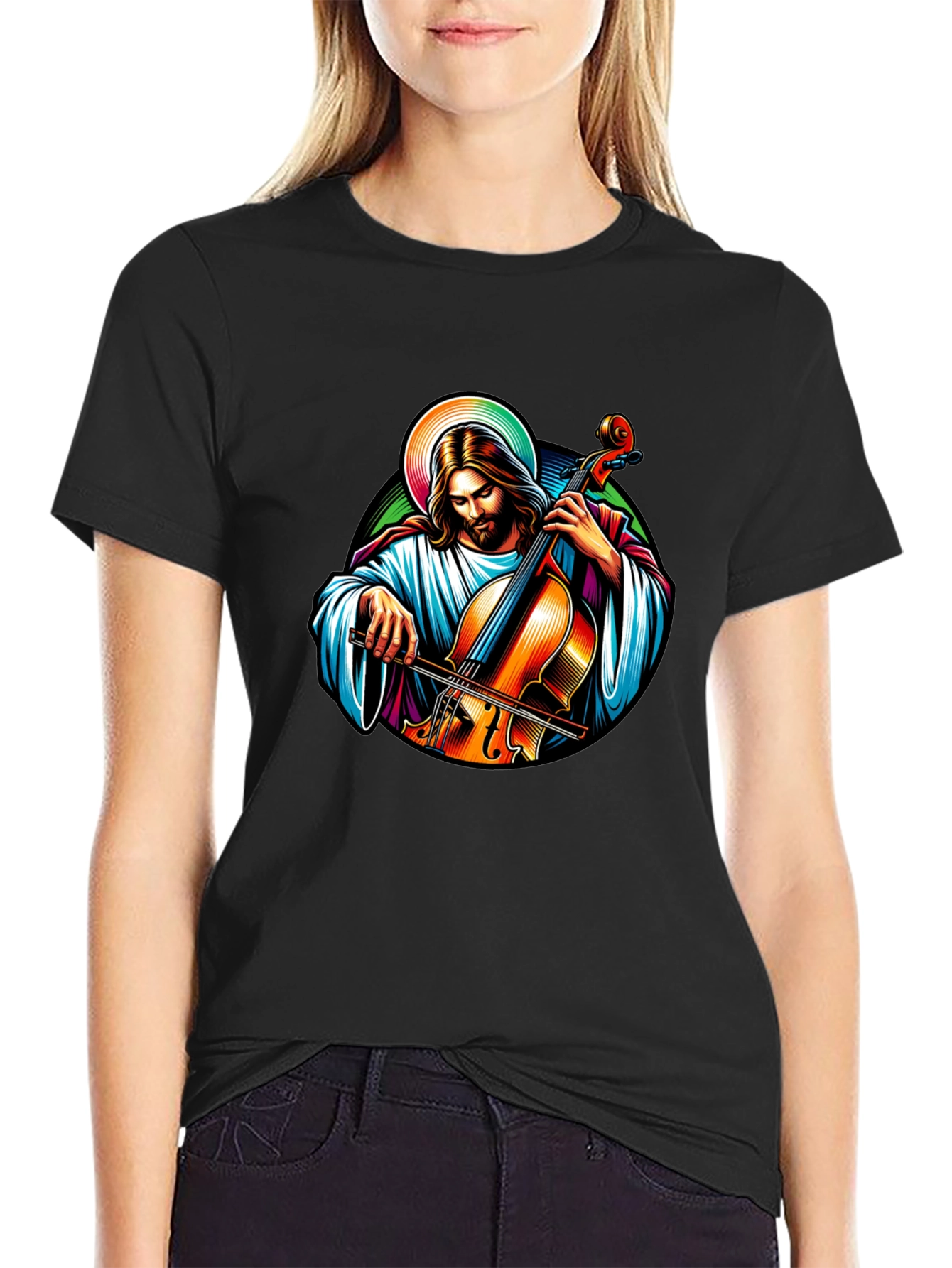 Jesus Playing Cello Black T-Shirt