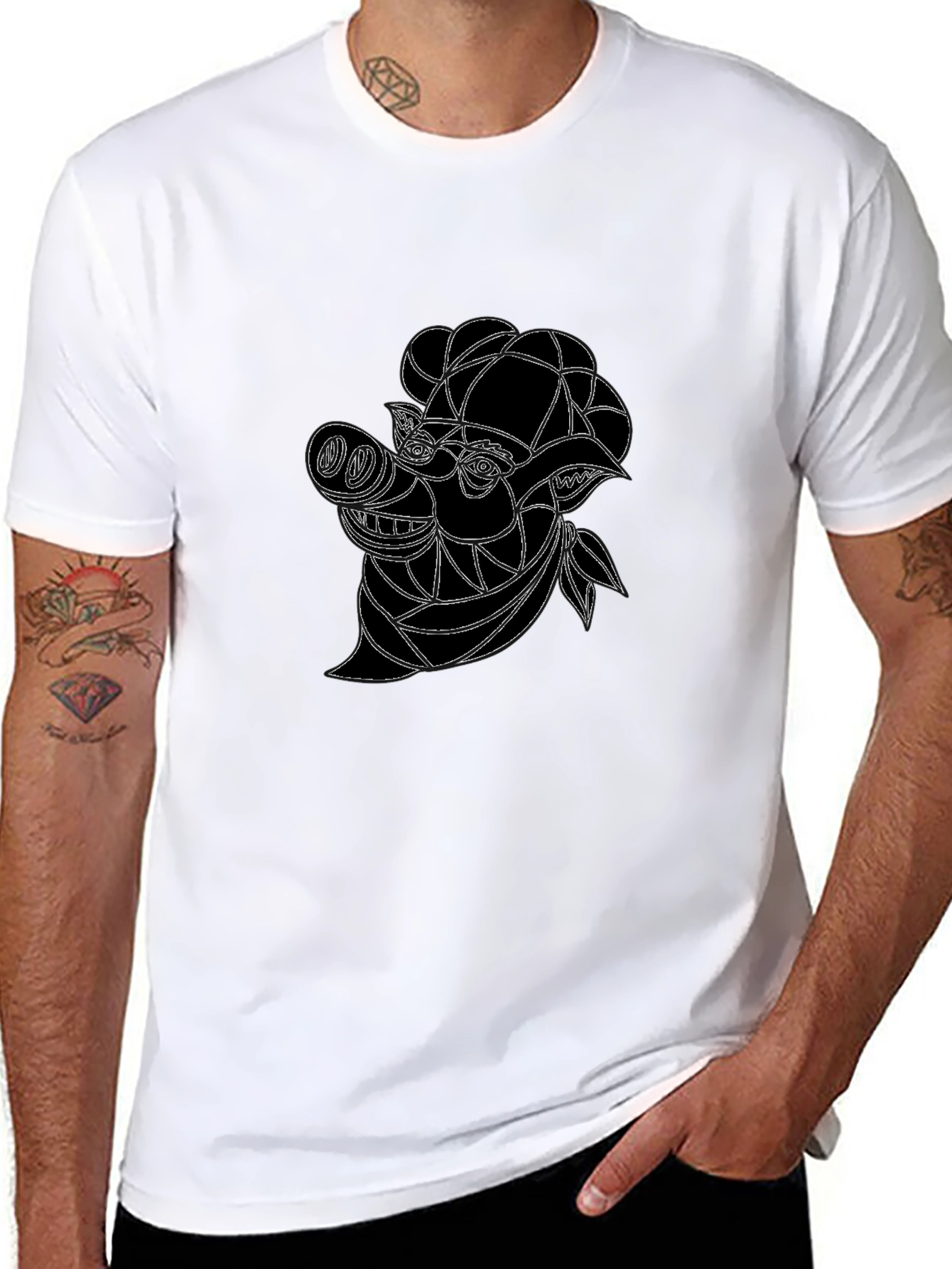 Abstract Pig Graphic Tee - Black Cotton Blend