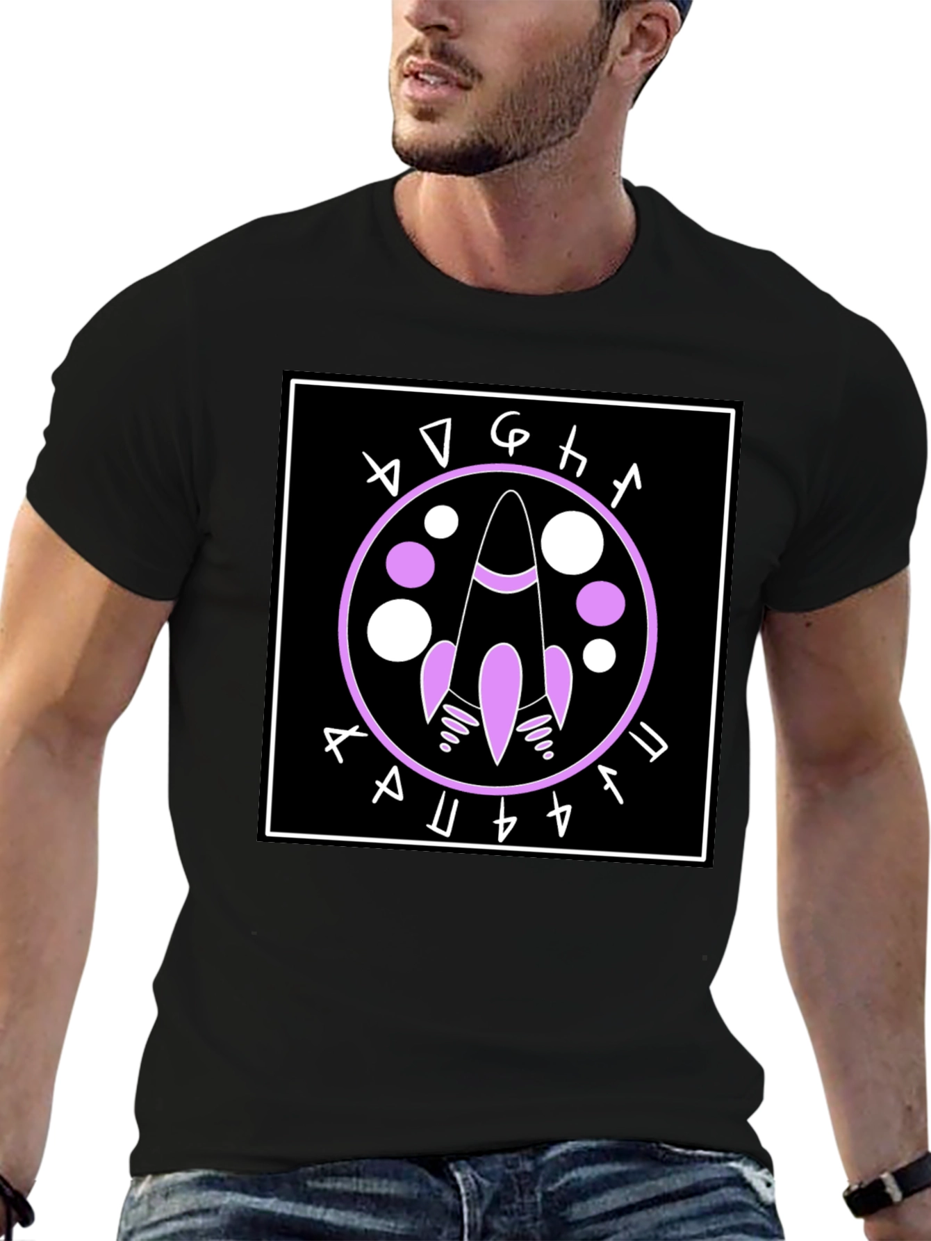 Rocket Symbol Graphic Tee - Black Cotton Casual Shirt