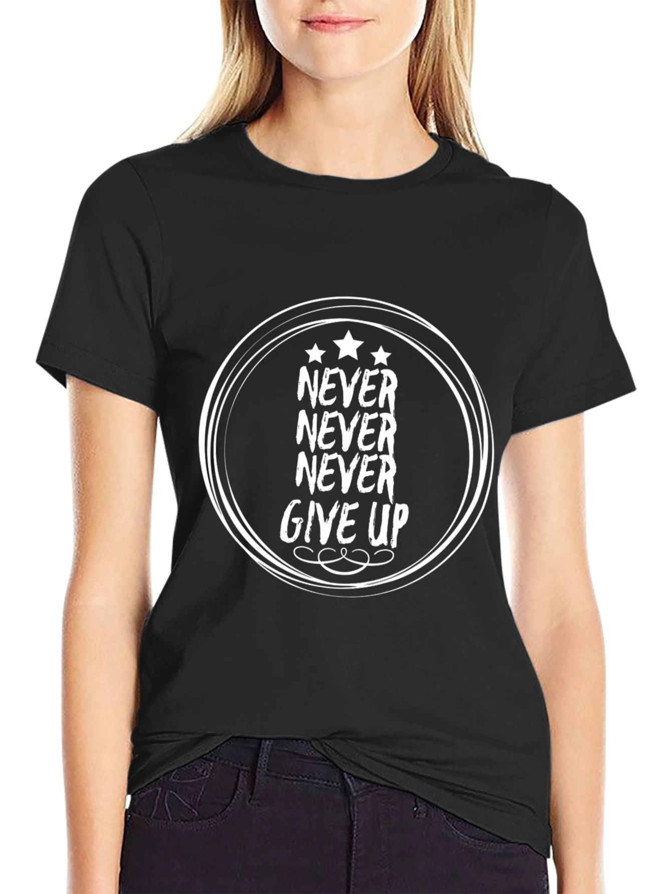Never Give Up Motivational Black T-Shirt